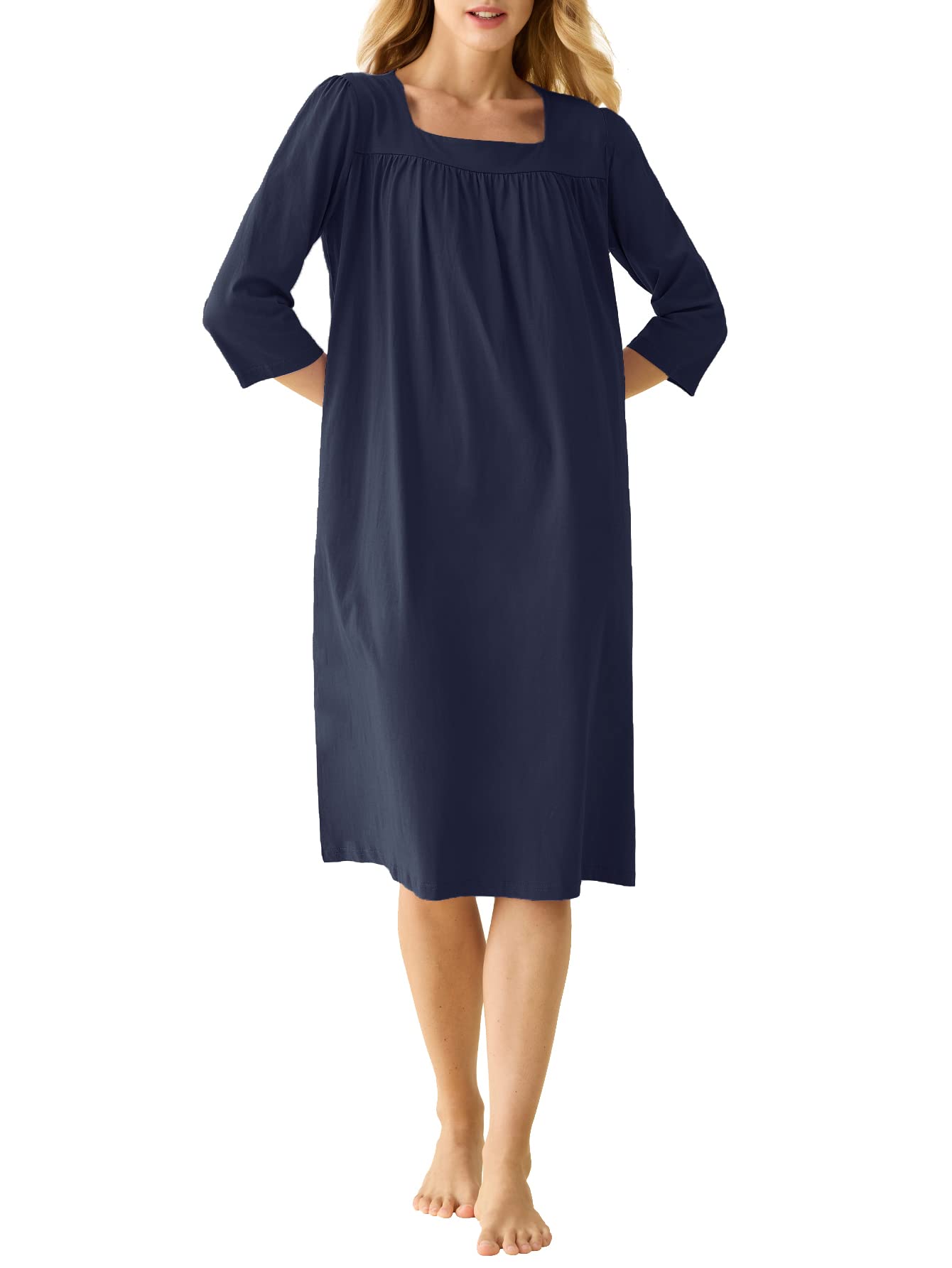 Comfortable Women's Cotton Nightgown with 3/4 Sleeves & Pockets - Soft Sleepwear & Loungewear for Relaxing at Home