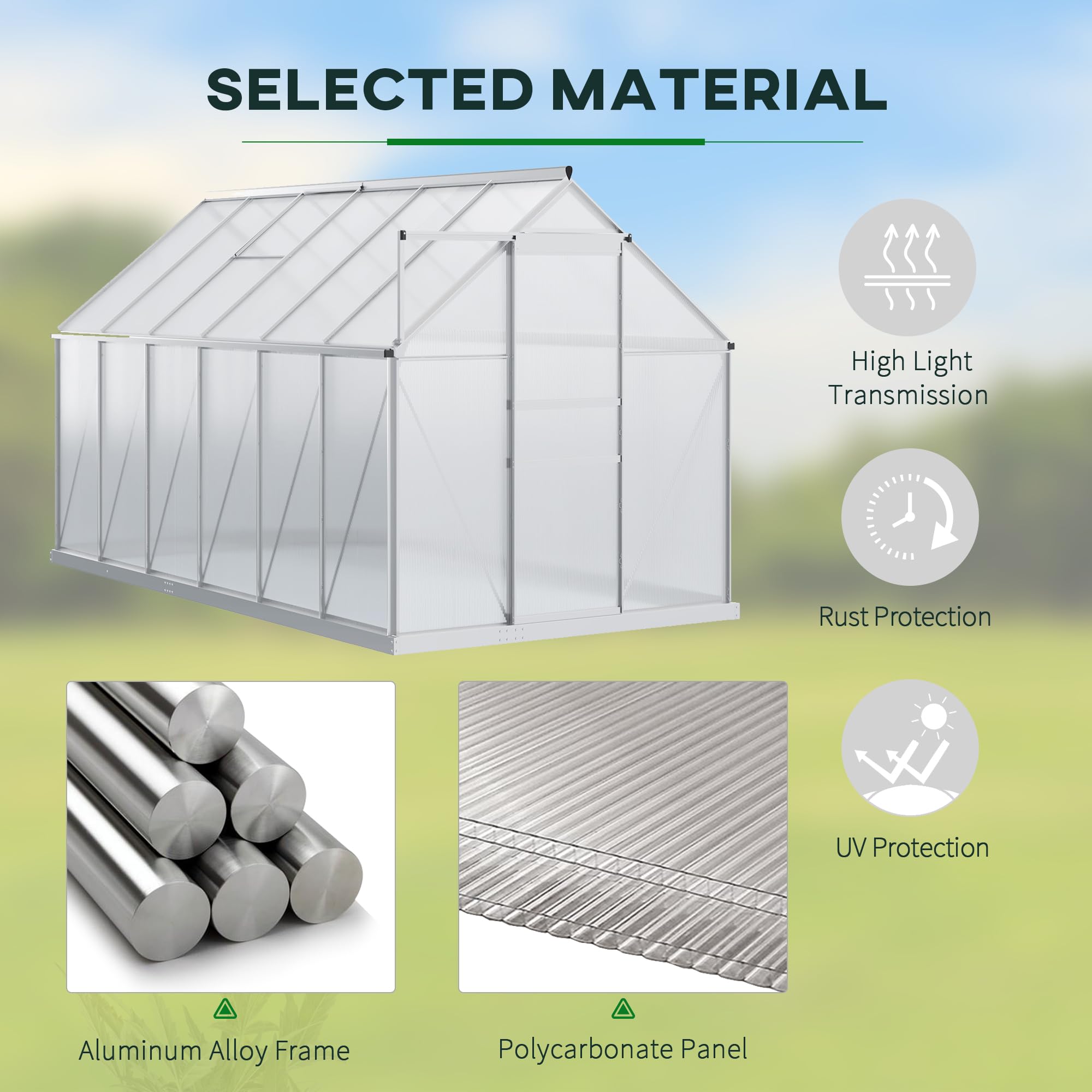 Outsunny 12' x 6' x 6.5' Polycarbonate Walk-in Greenhouse with Aluminum Frame - Heavy Duty Adjustable Roof Vent, Rain Gutter & Sliding Door - Winter Gardening, Plant Protection & Backyard Growing Solution