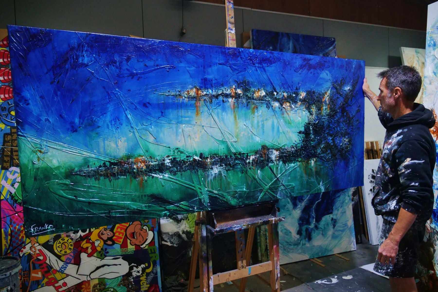 Nature's Calling 240cm x 100cm Blue Green Textured Abstract Canvas Art - Perfect for Living Room, Bedroom & Office Wall Decor