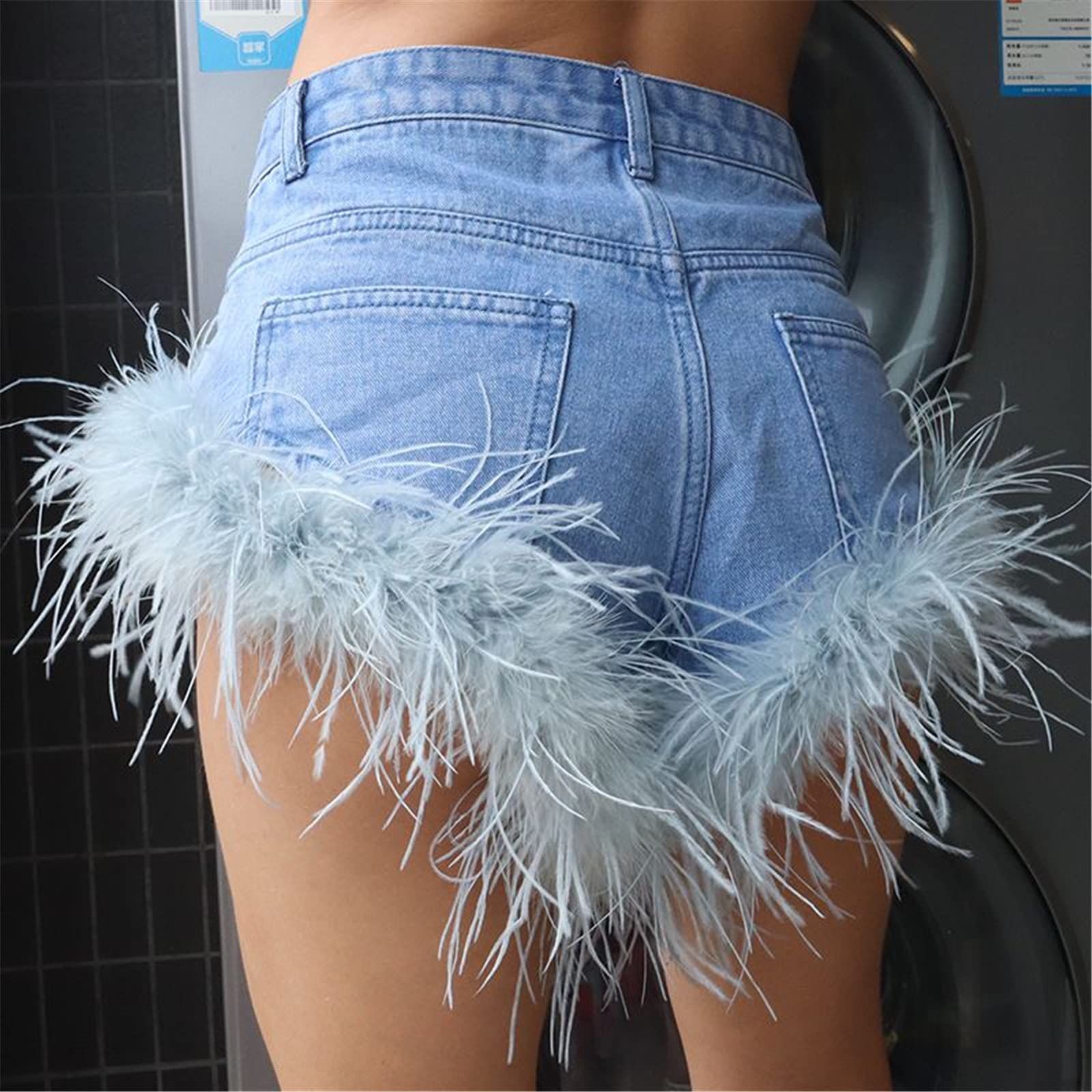 Sexy Women's Denim Shorts with Real Ostrich Feather Trim - Fluffy Furry Short Pants, Tight Fit Blue Jeans (Size M) | Perfect for Summer Outfits, Beach Parties & Nightclub Wear
