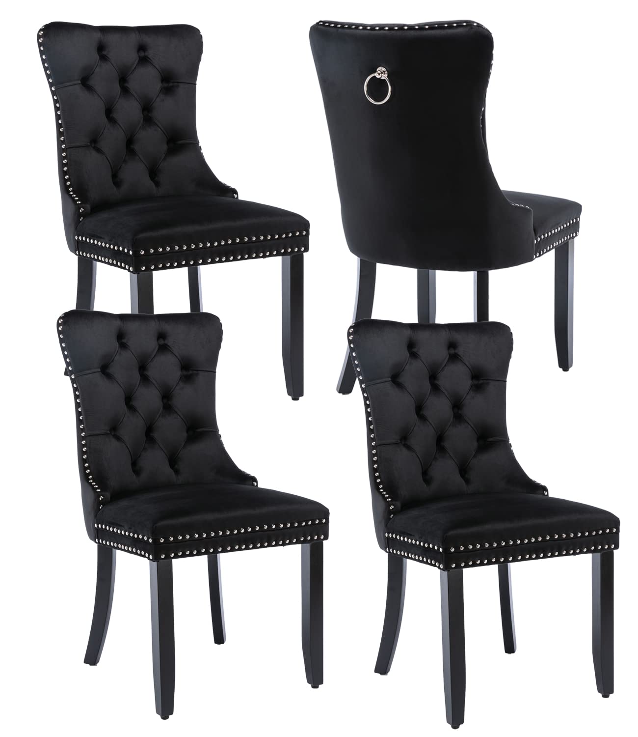 Luxury Black Velvet Dining Chairs Set of 4 - Modern Upholstered Dining Room Chairs with Elegant Back Ring Pull Trim & Sturdy Solid Wood Legs - Perfect for Dining Room, Kitchen, Living Room & Home Office Decor (Black)