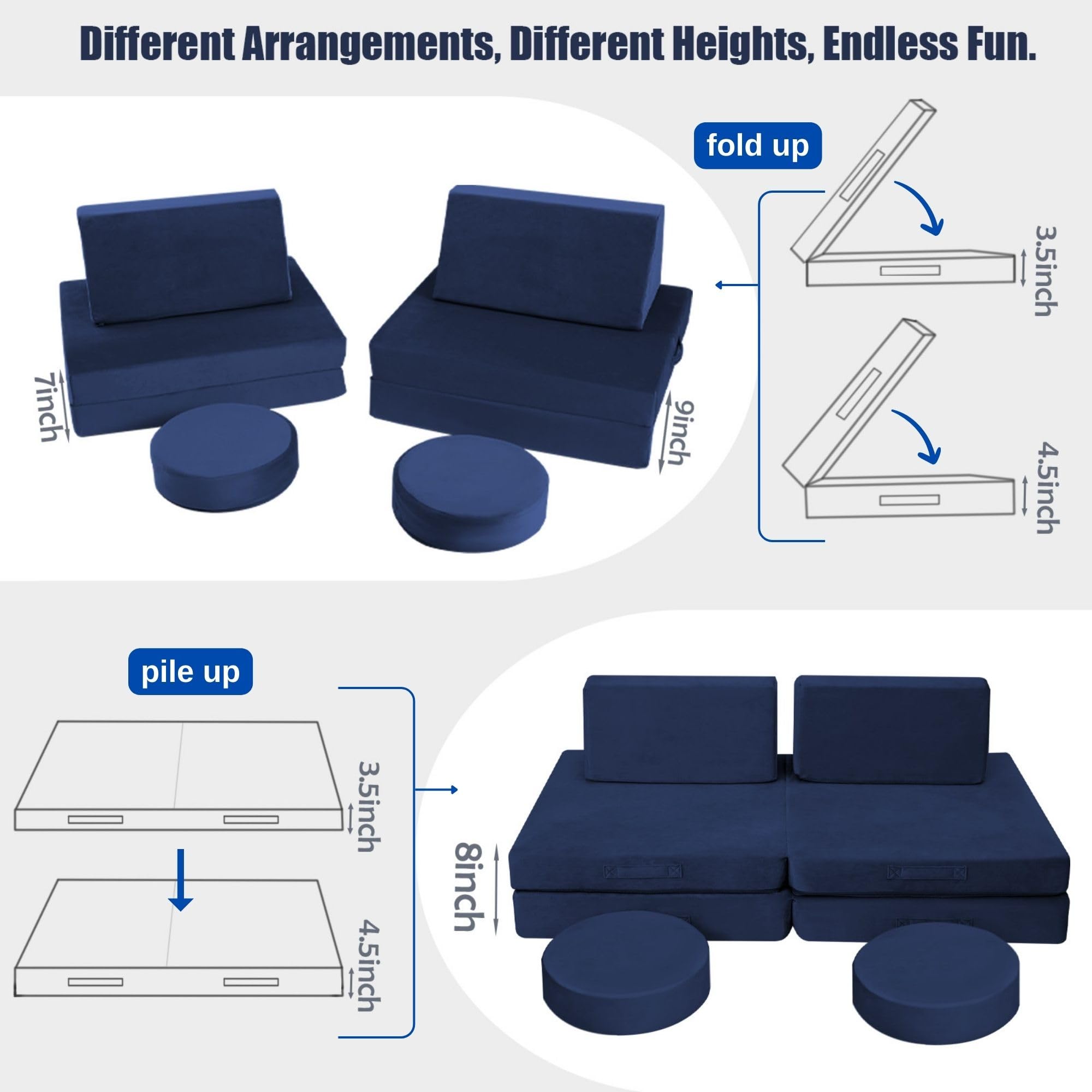 MeMoreCool Modular Kids Play Couch - Navy Blue Foam Sofa for Toddlers & Children | Playroom Furniture for Building Forts, Reading Nook & Indoor Playtime