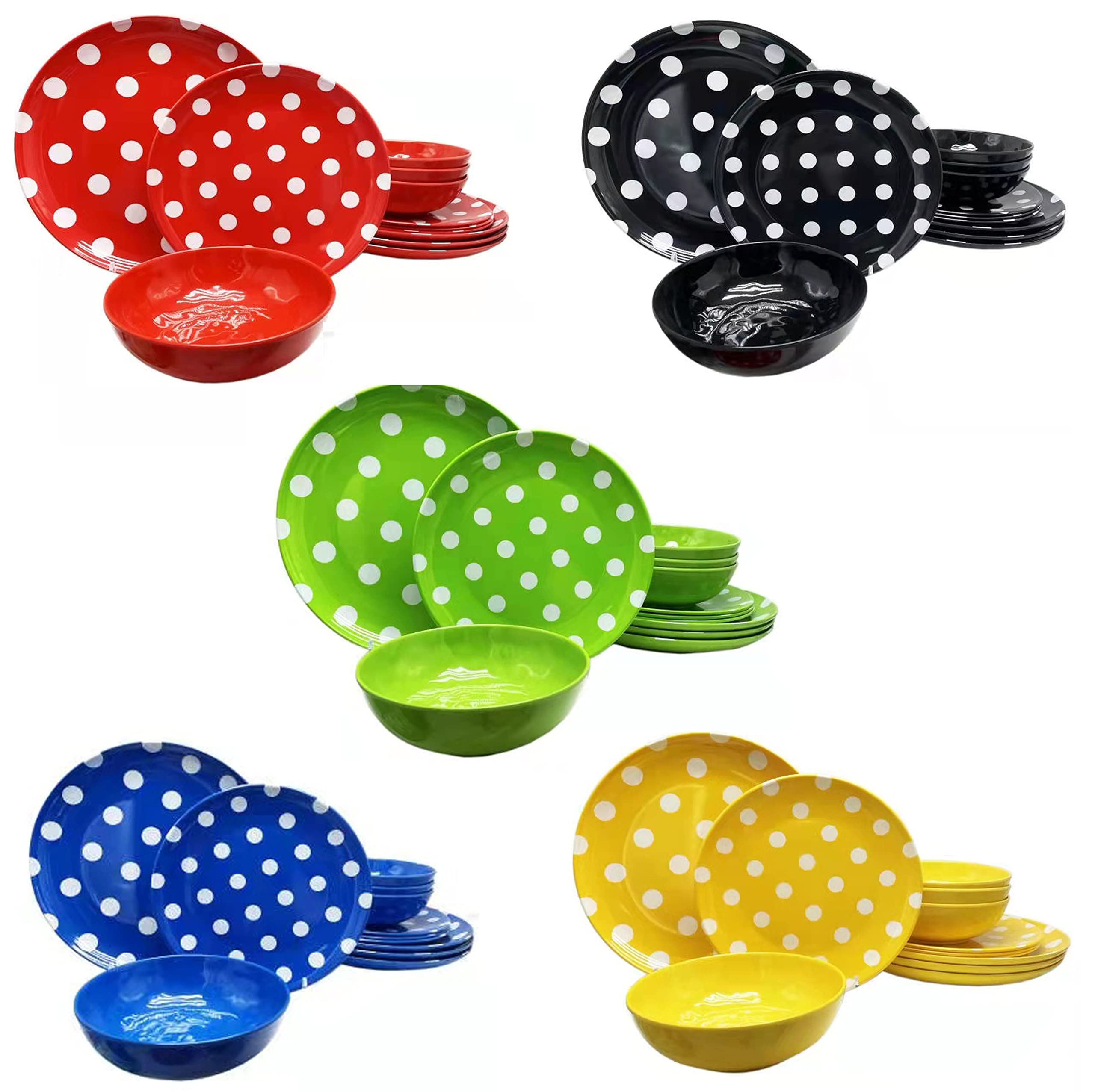 12-Piece 11-Inch Melamine Dinner Set - Black Polka Dot Design: 4 Bowls, 4 Dinner Plates, 4 Salad Plates | Durable & Lightweight for Outdoor Picnics, Camping, Pool Parties & Everyday Use