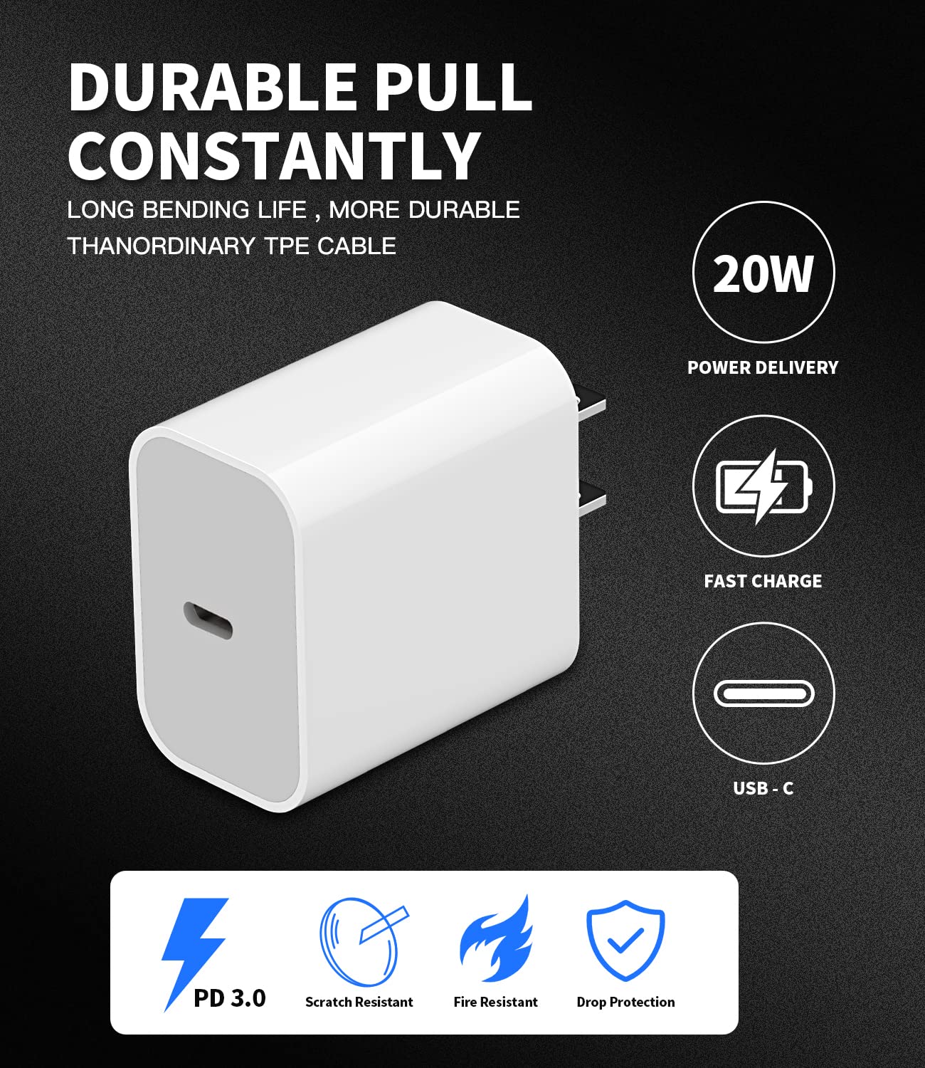 20W USB C Fast Charger Block with 6.6ft Cable - PD Quick Charge Power Adapter for iPhone 13/12/11 Pro Max/X/8 Plus & iPad | Home, Office, Travel Charging Solution