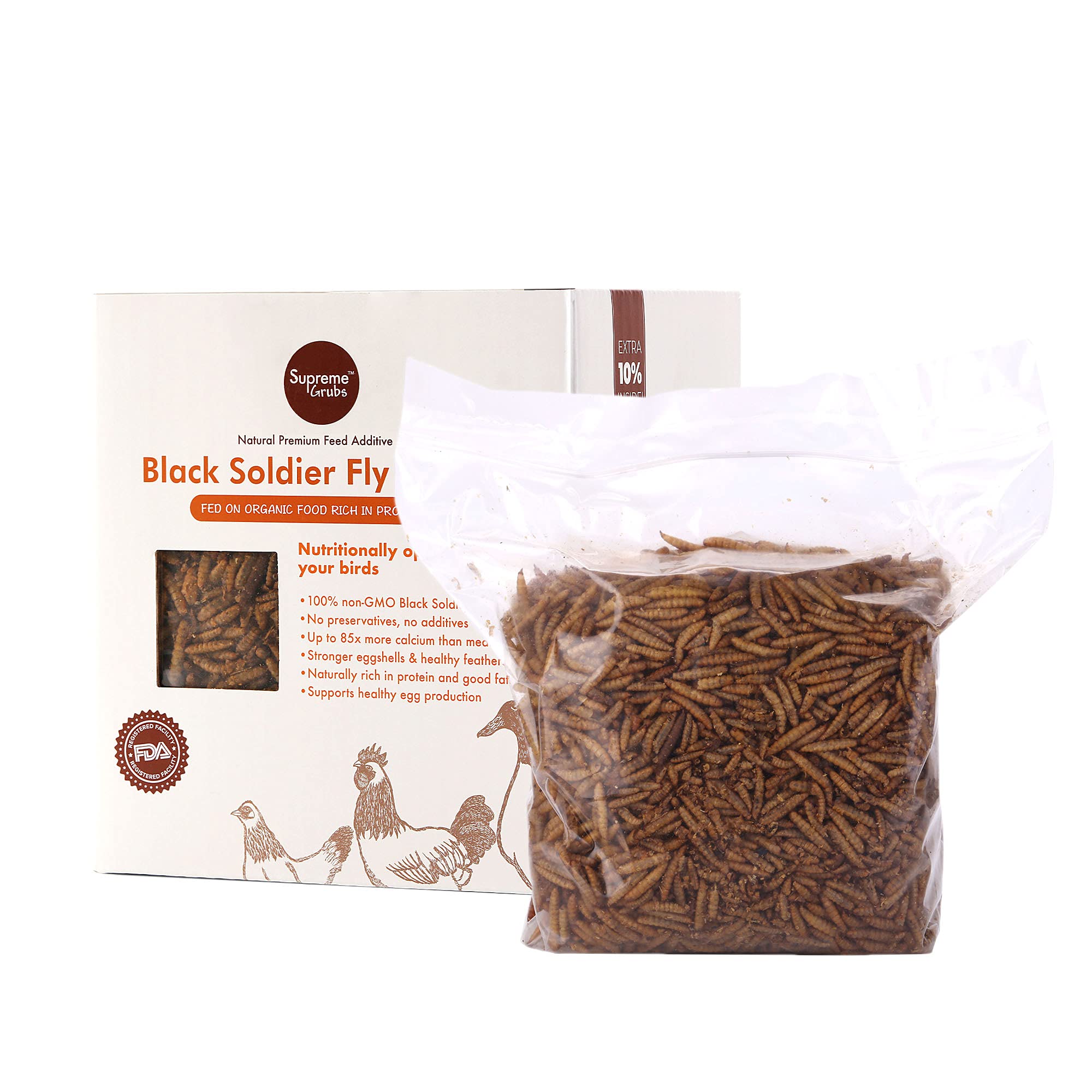 Supreme Grubs Natural Black Soldier Fly Larvae for Chickens - 85X More Calcium Than Mealworms | High Protein Chicken Treats for Hens, Probiotic-Rich Poultry Feed & Calcium-Dense Bird Food | Perfect for Backyard Chickens, Wild Birds & Reptile Diets