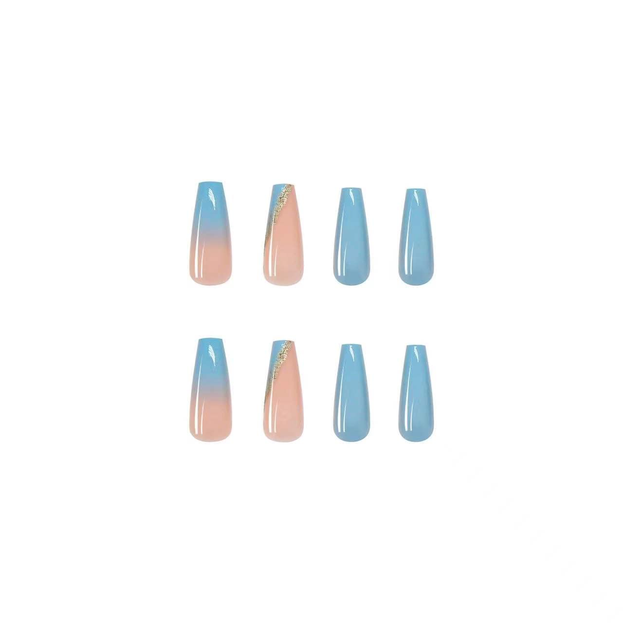 Extra Long Ballet Coffin Press-On Nails - Blue Gradient Flower Design with Bevel Edge & French Rhinestones - 24PCS Fake Nails for Women & Girls - Perfect for Parties, Weddings, and Special Occasions
