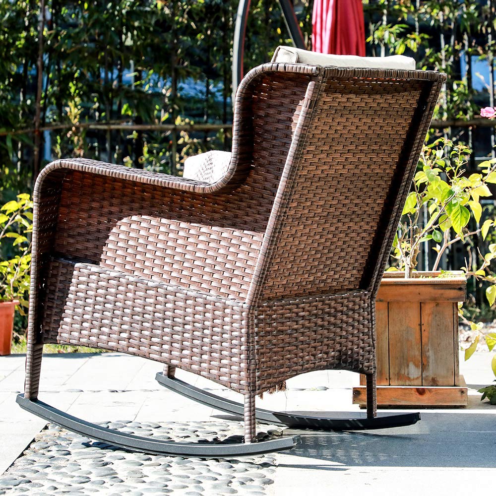 Premium Outdoor Resin Wicker Rocking Chairs Set of 2 with Olefin Cushions - Patio, Garden & Backyard Furniture - Brown Wicker & Beige Cushions - Perfect for Relaxing, Porch Sitting & Outdoor Entertaining