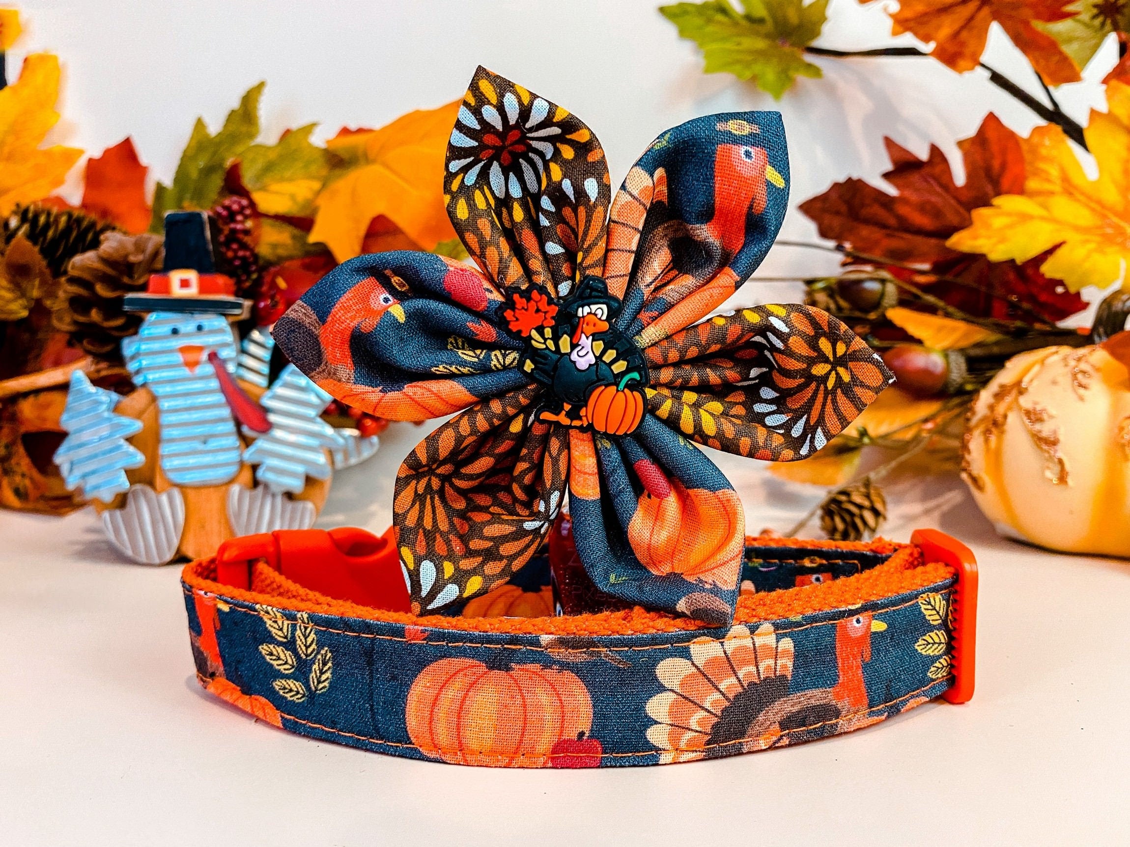 Floral Dog Collar for Thanksgiving - Pumpkin & Turkey Themed Pet Accessory for Dogs - Perfect for Holiday Photos & Festive Occasions