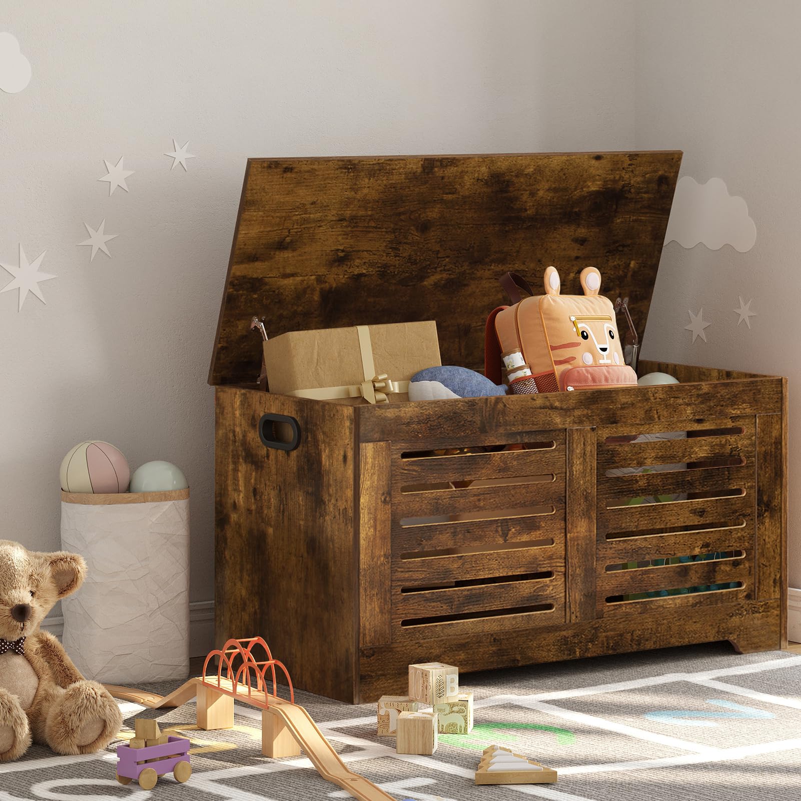 DINZI LVJ Flip-Top Wooden Storage Chest - Rustic Brown Toy Box with Safety Hinges | Entryway Shoe Bench & Living Room Storage Trunk | Easy Assembly for Bedroom, Nursery & Playroom Organization