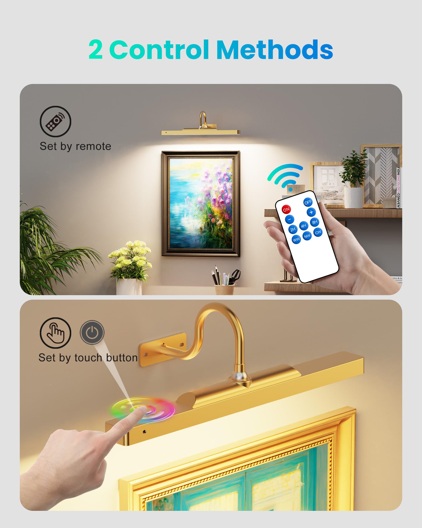 16.55in Battery Operated Picture Lights for Wall Paintings & Artwork - 5000mAh Remote Control Wall Lights with 3 Lighting Modes - Perfect for Framed Art, Portraits, Dartboards & Home Decor (Gold)