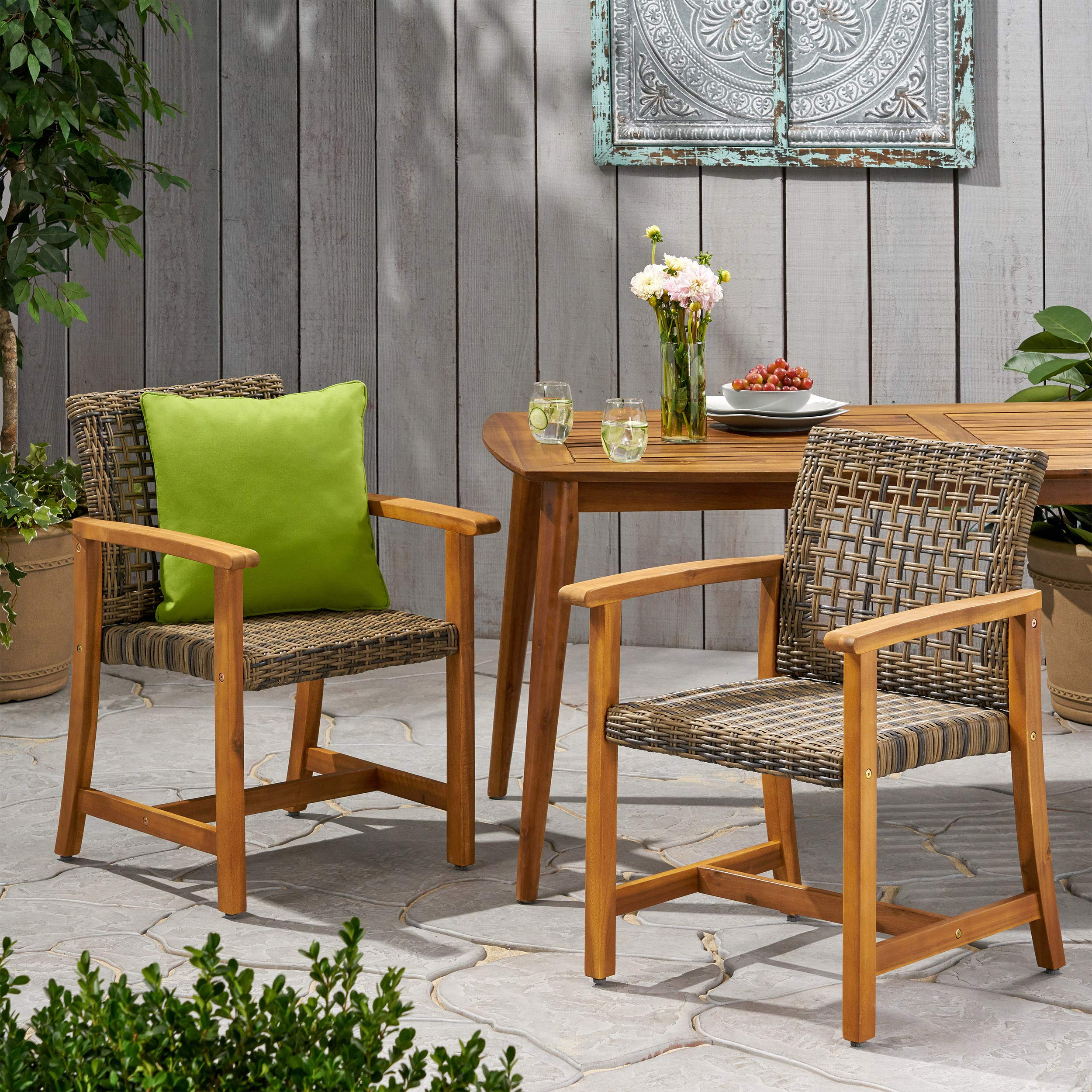 Premium Acacia Wood & Wicker Outdoor Dining Chairs (Set of 2) - Natural & Gray - Weather-Resistant Patio Furniture for Garden, Poolside & Backyard Dining