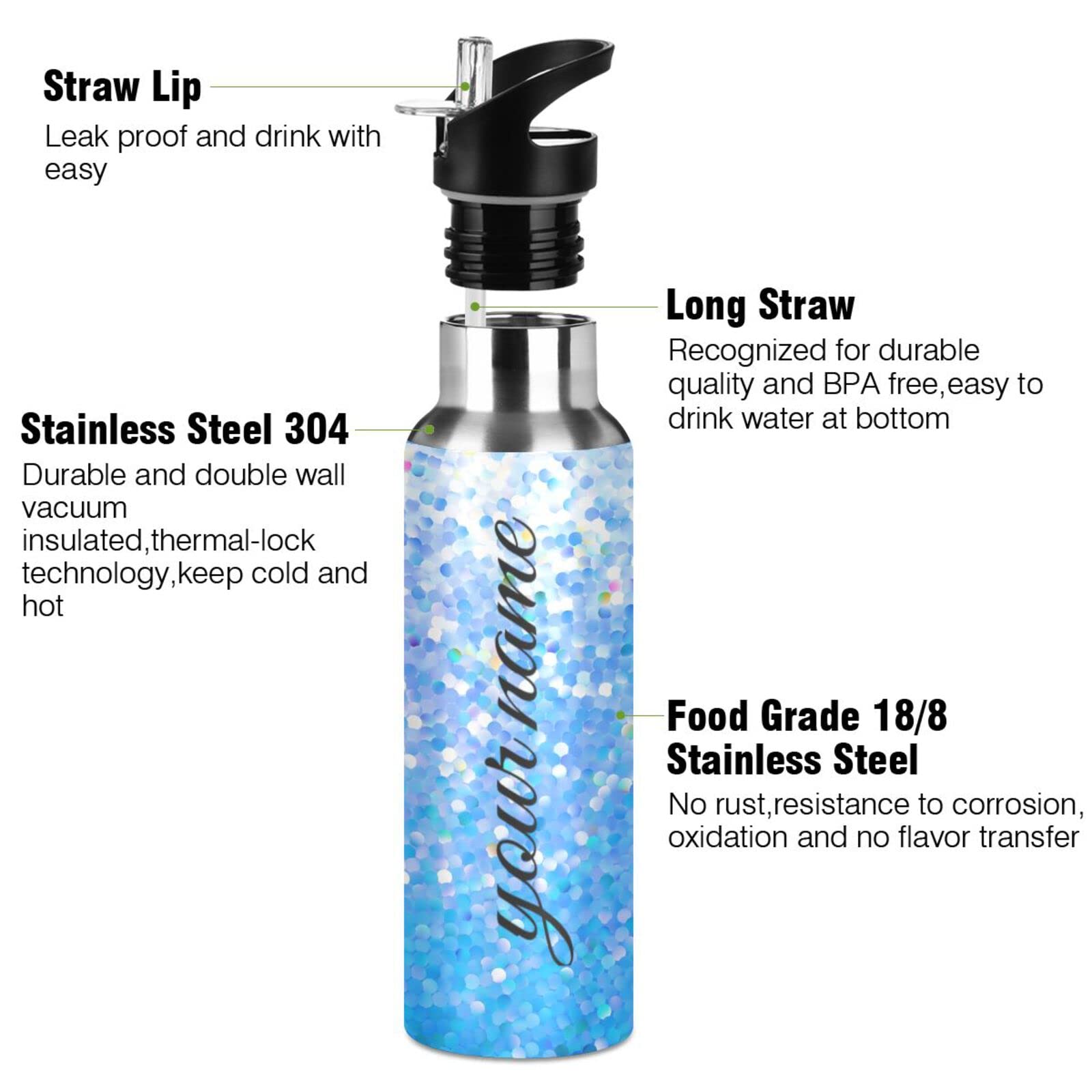 **Personalized 20 oz Stainless Steel Water Bottle with Straw Lid - Custom Name & Glitter Design - Double Wall Insulated for School, Sports, Gym & Outdoor Activities**