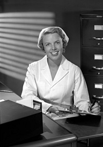 Portrait of Female Nurse at Desk - Vintage Poster Print (18x24 inches) - Perfect for Home, Office & Medical Clinic Decor