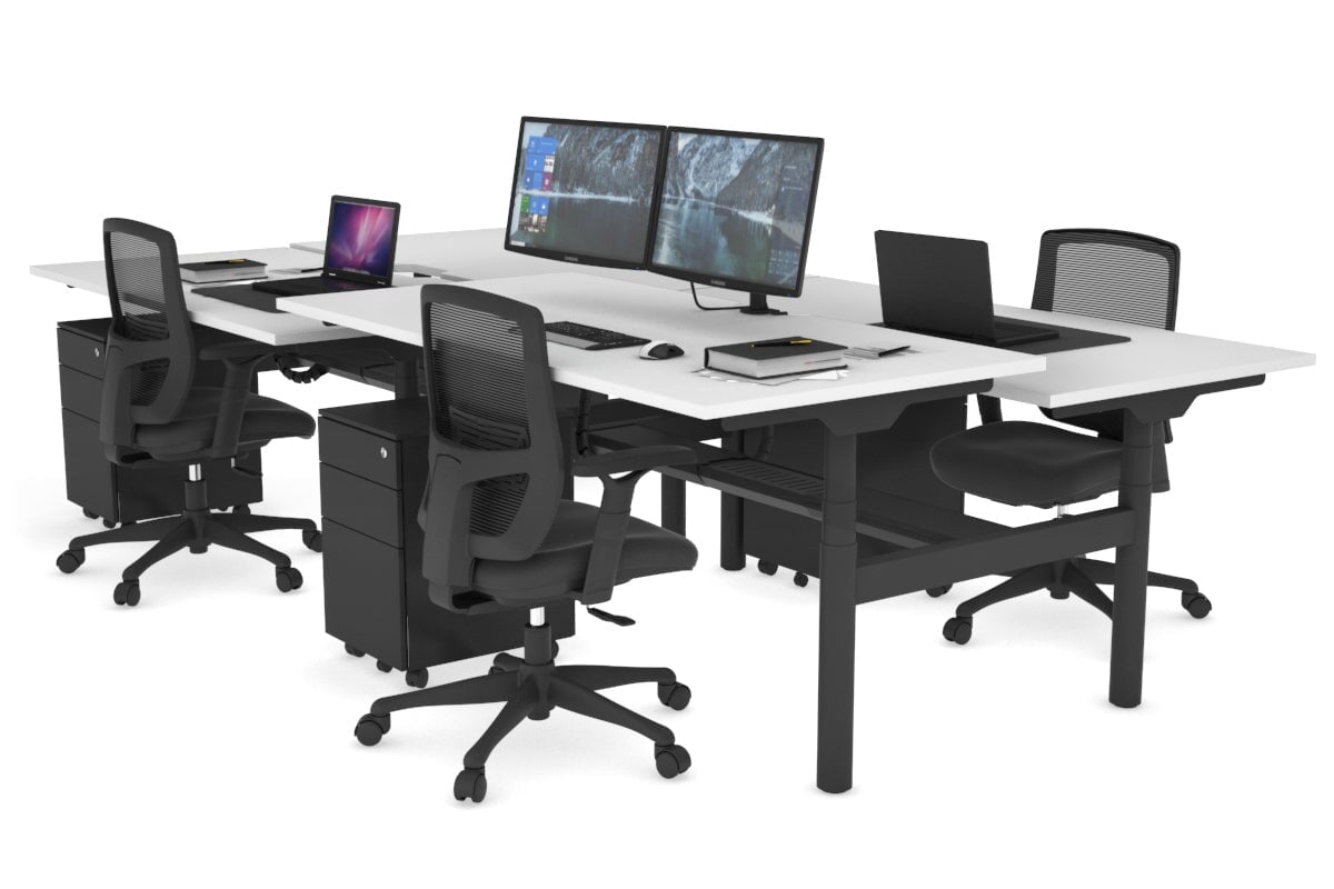Flexi Premium Height Adjustable 4-Person H Bench Workstation - Black Frame [1400L x 800W with Cable Management] - Ideal for Office, Coworking Spaces & Home Offices