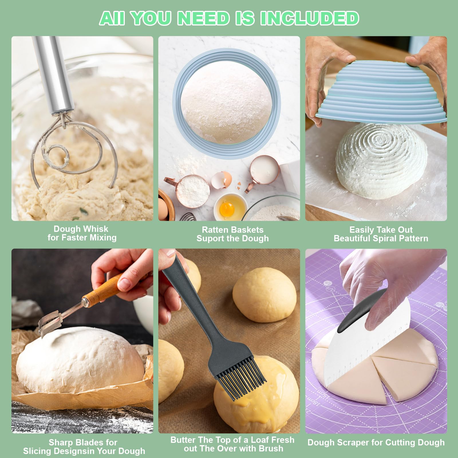 Premium Sourdough Bread Baking Kit - 2-Pack Silicone Banneton Proofing Baskets (9