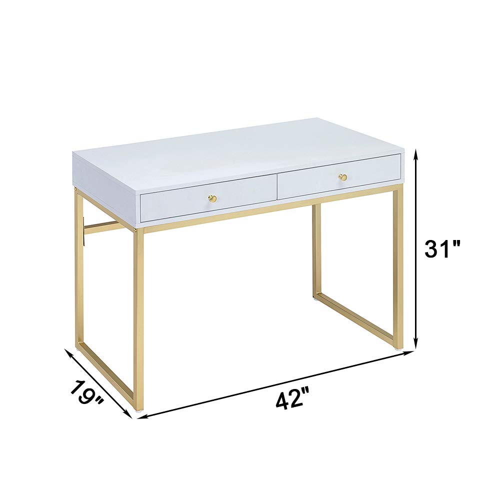 Modern White & Brass Office Desk with 2 Storage Drawers - HomVent Contemporary Writing Computer Desk for Home Office, Study Room, or Vanity Makeup Station - Sturdy Metallic Legs & Spacious Work Surface