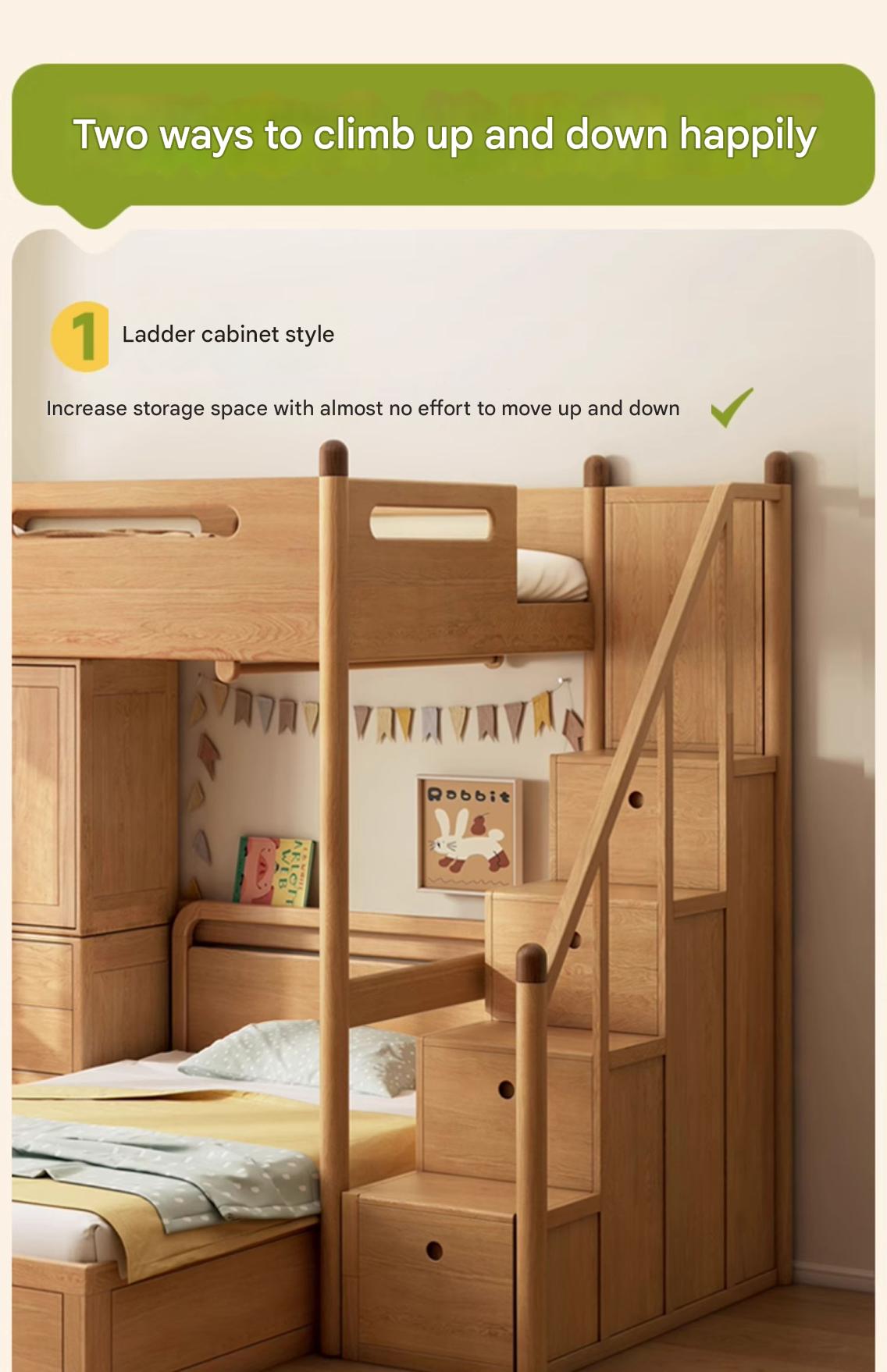 Solid Oak Wood Loft Bed with Storage Cabinet - Space-Saving Furniture for Small Rooms, Kids Bedroom & Dormitory