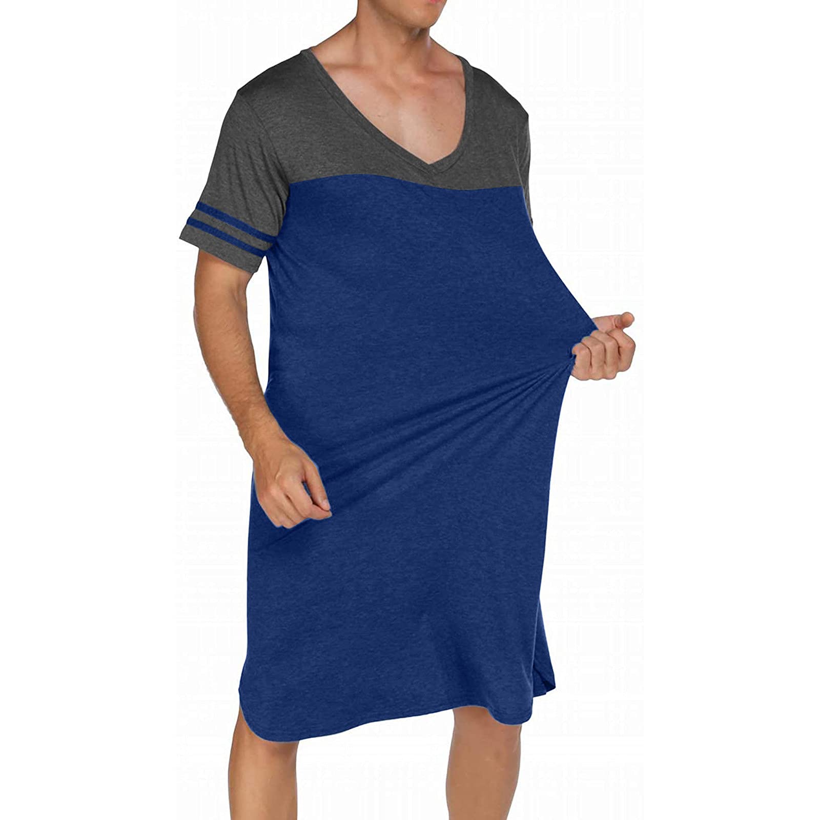 Men's Big & Tall V-Neck Short Sleeve Nightshirt - Soft Loose Sleepwear Pajama Dress Shirt for Lounge & Home Comfort