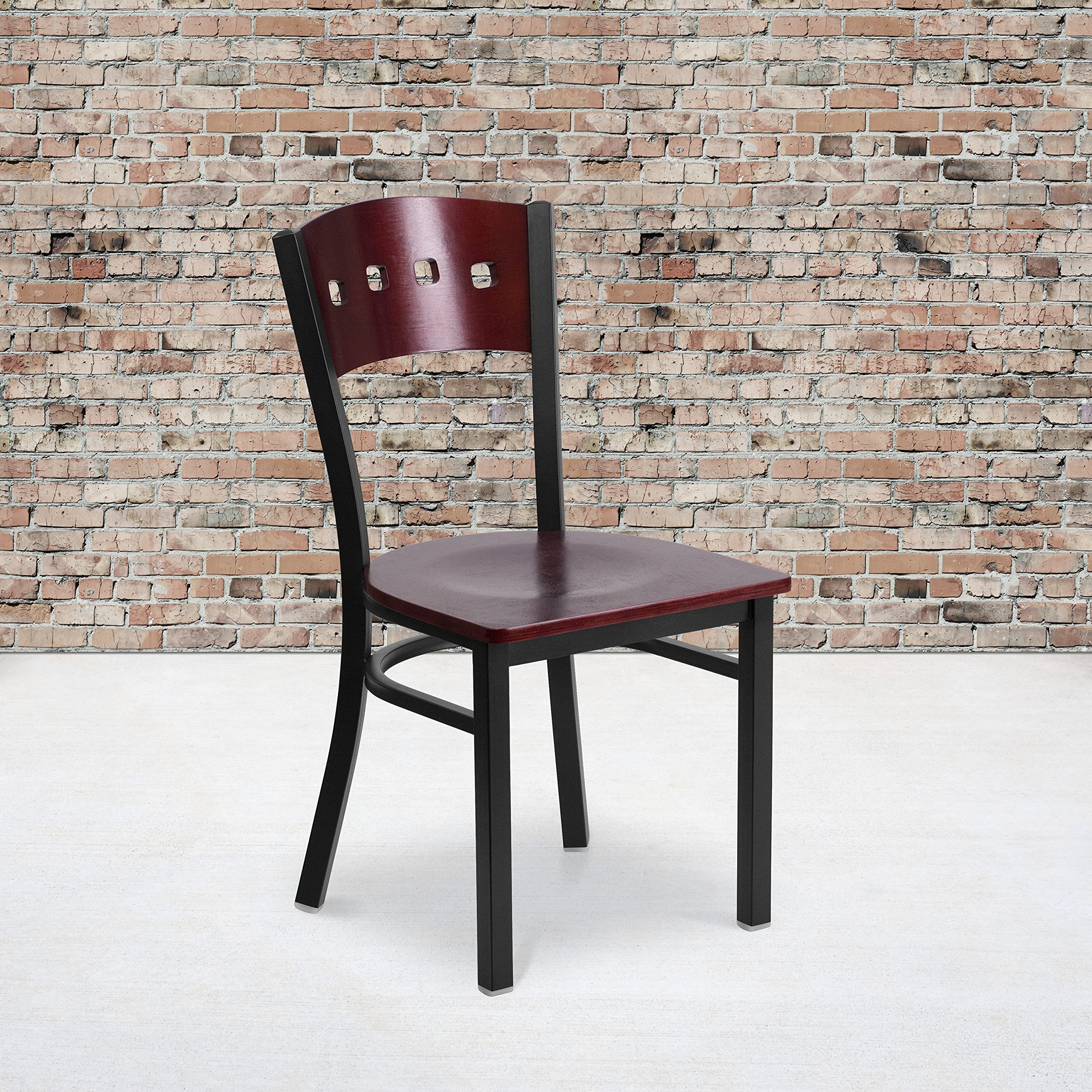 EMMA + OLIVER Black 4 Square Back Metal Dining Chair - Mahogany Wood Back & Seat - Modern Kitchen & Dining Room Furniture for Home & Restaurant Use