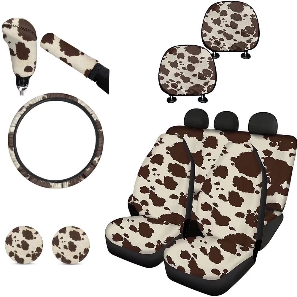 KEIAHUAN Brown Cow Pattern Car Seat Cover Set with Headrest Covers, Steering Wheel Cover, Coasters, Handbrake & Gear Shift Knob Covers for Car, SUV, Van, Truck - Perfect for Road Trips & Daily Commutes