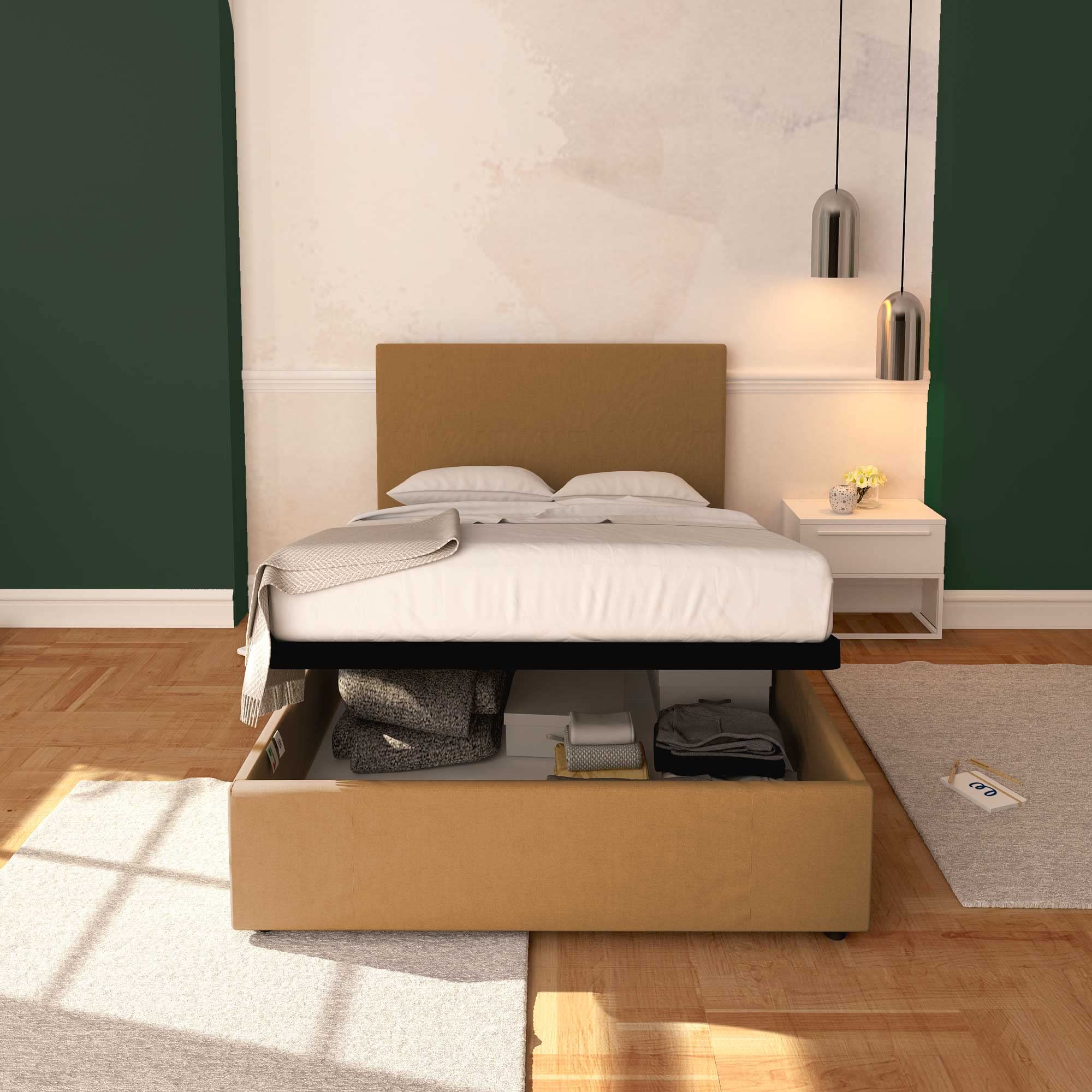 Baldiflex Queen Size Bed with Storage, Rossano Model in Faux Leather, Slatted Base for Queen Mattress, 120 x 200 cm, Elegant Headboard in Light Brown - Perfect for Modern Bedrooms & Small Space Living