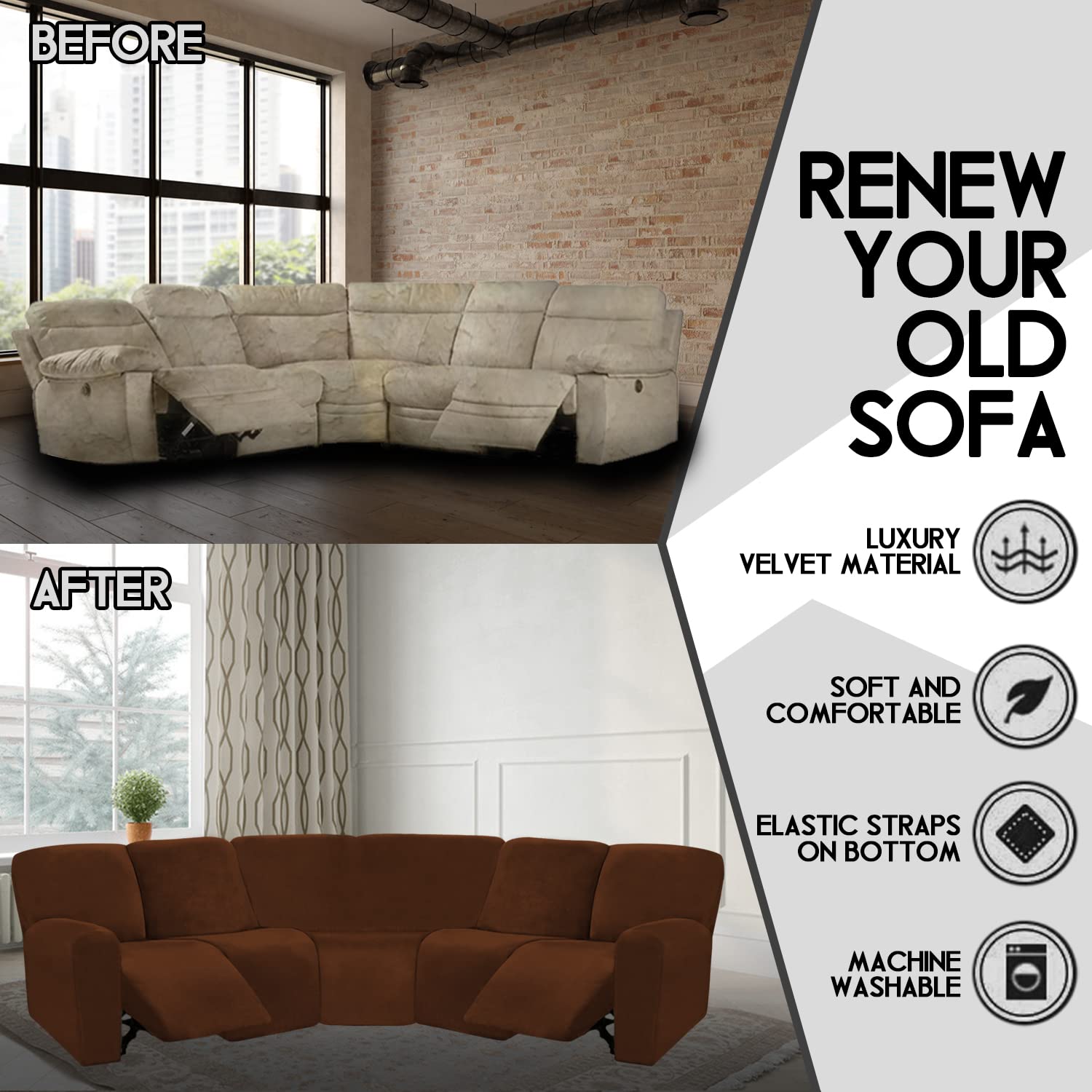 ULTICOR 7-Piece L-Shaped Sectional Sofa Cover - Velvet Stretch Reclining Couch Covers for 5-Seat Sofa, Thick Soft Washable Fabric (Chocolate Brown) - Perfect for Living Room, Home Theater & Family Gatherings