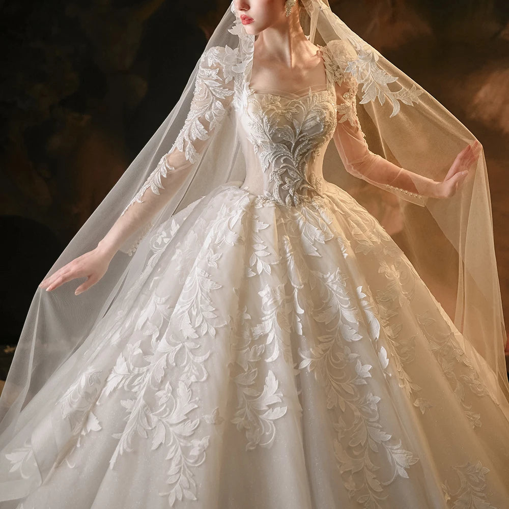 Elegant Princess Square Neck Full Sleeve Ball Gown Lace Up Wedding Dress - Perfect for Bridal Ceremonies, Formal Events & Fairy Tale Weddings