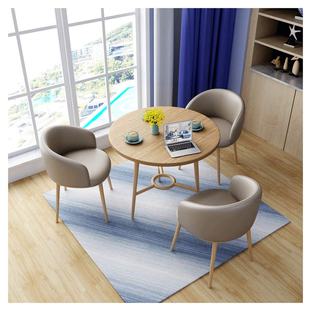 Modern Minimalist 80cm Round Wood Dining Table Set with 3 Leather Chairs - Khaki Home Kitchen, Living Room, Bedroom or Cafe Furniture for Small Spaces