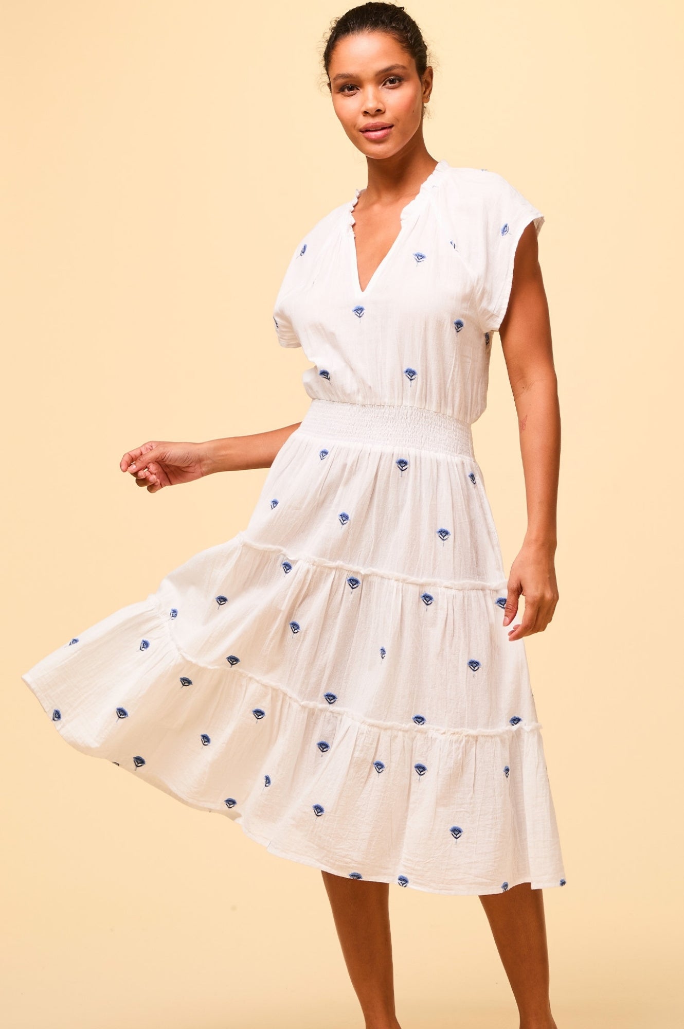 Riley Embroidered Organic Cotton Dress for Women - Soft & Breathable Summer Dress in White/Blue | Perfect for Beach, Vacation & Casual Outings