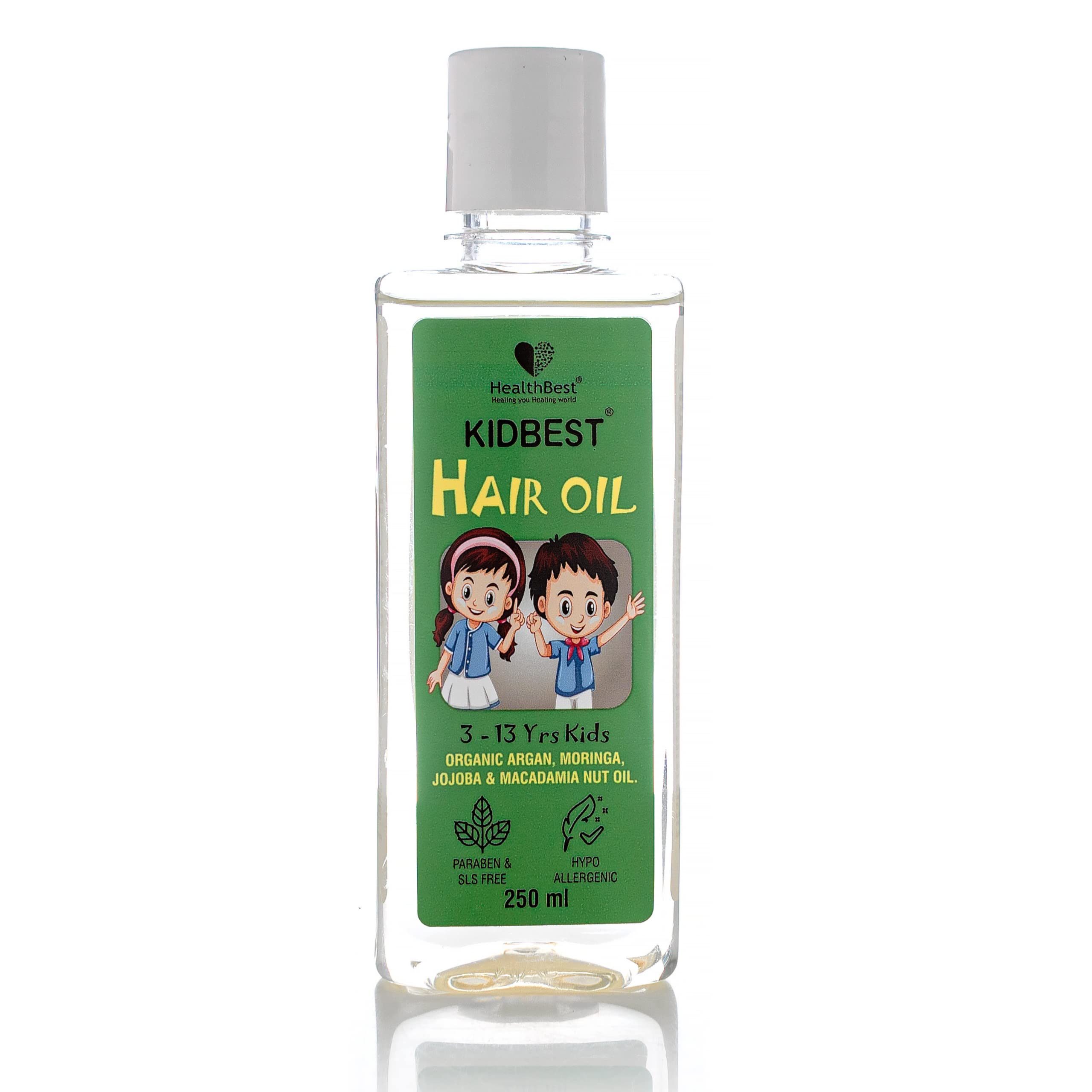 HealthBest Kidbest Organic Hair Oil for Kids - Natural Argan, Moringa, Jojoba & Macadamia Nut Oil Blend | Promotes Hair Growth & Repairs Damaged Hair | Tear-Free, Paraben-Free, SLS-Free | 250ml | Perfect for Daily Hair Care & Scalp Massage for Children