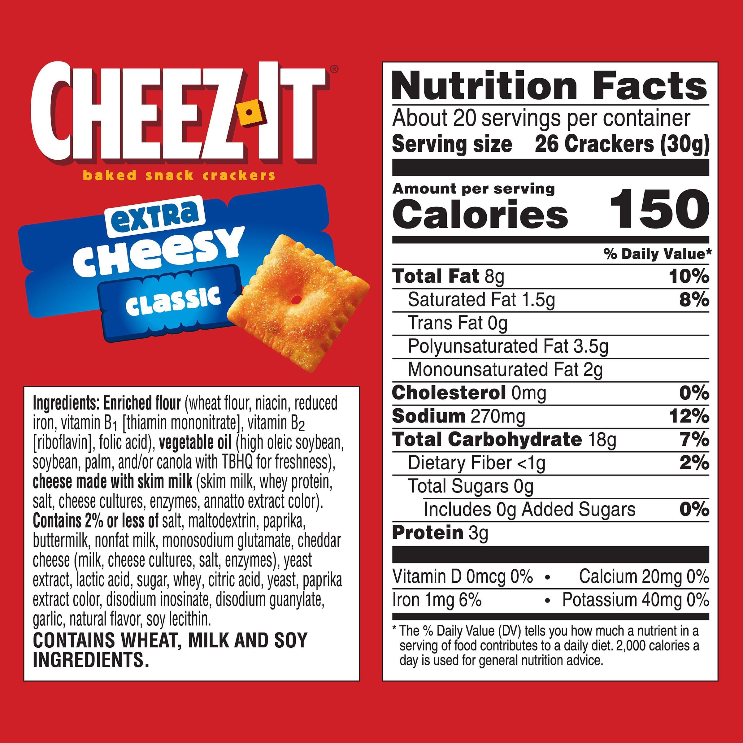 Cheez-It Extra Cheesy Baked Snack Crackers - Family Size 21oz Box (Pack of 1) | Perfect for School Lunches, Office Snacks & Party Platters