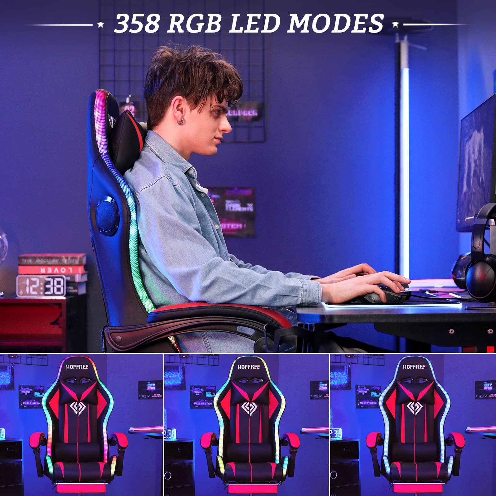 RGB Gaming Chair with Bluetooth Speakers & LED Lights - Ergonomic Massage Computer Chair with Adjustable Footrest, High Back & Lumbar Support - Red & Black Gaming Throne for PC, Console & Streaming Setup