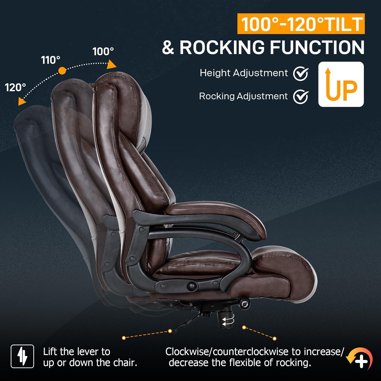 Big and Tall Office Chair for Heavy People up to 500LBS - High Back Extra Wide Executive Chair with Adjustable Lumbar Support - Heavy Duty Ergonomic Computer Desk Chair for Home Office - Brown (Perfect for Large Workspaces & Long Working Hours)