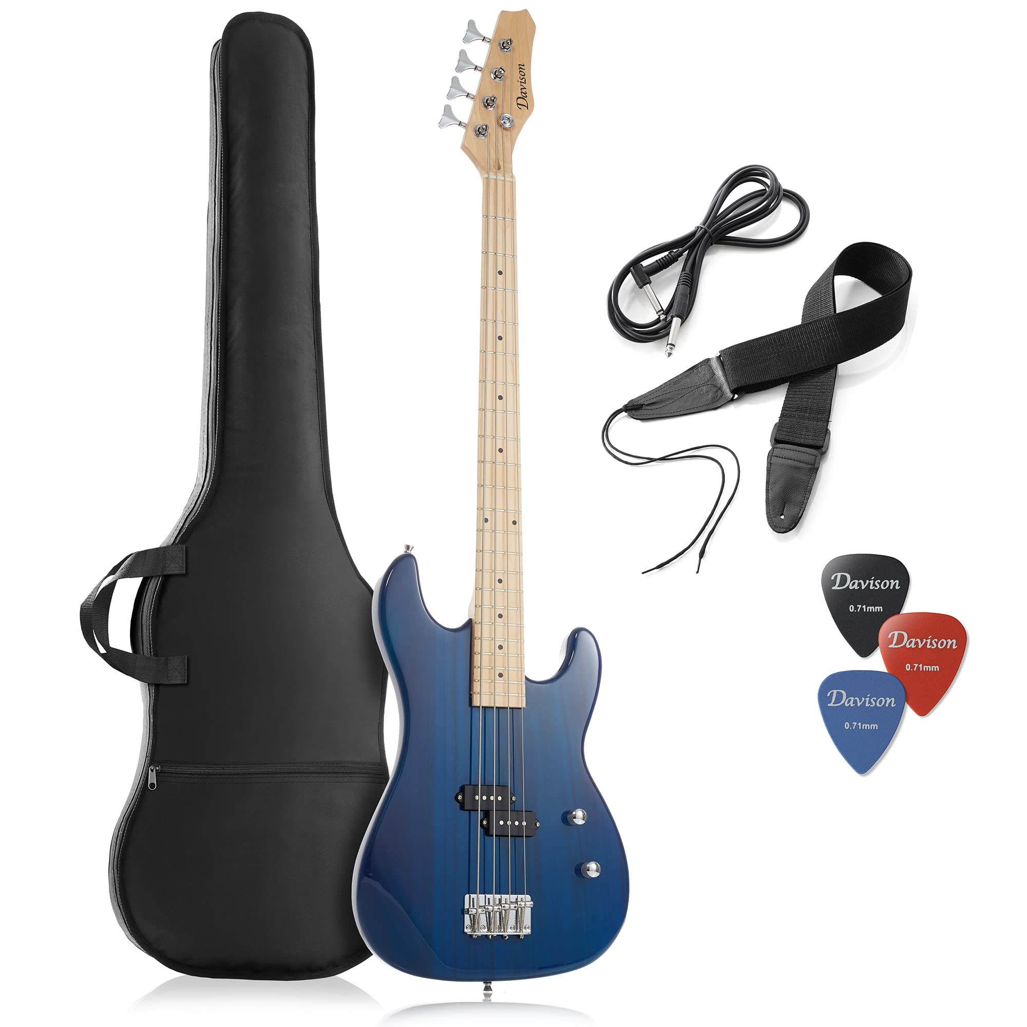 Davison 4-String Electric Bass Guitar Kit for Beginners - Full Size Right Handed Blue Bass with Gig Bag, Strap, Picks & Accessories | Perfect for Practice, Live Performances & Studio Recording