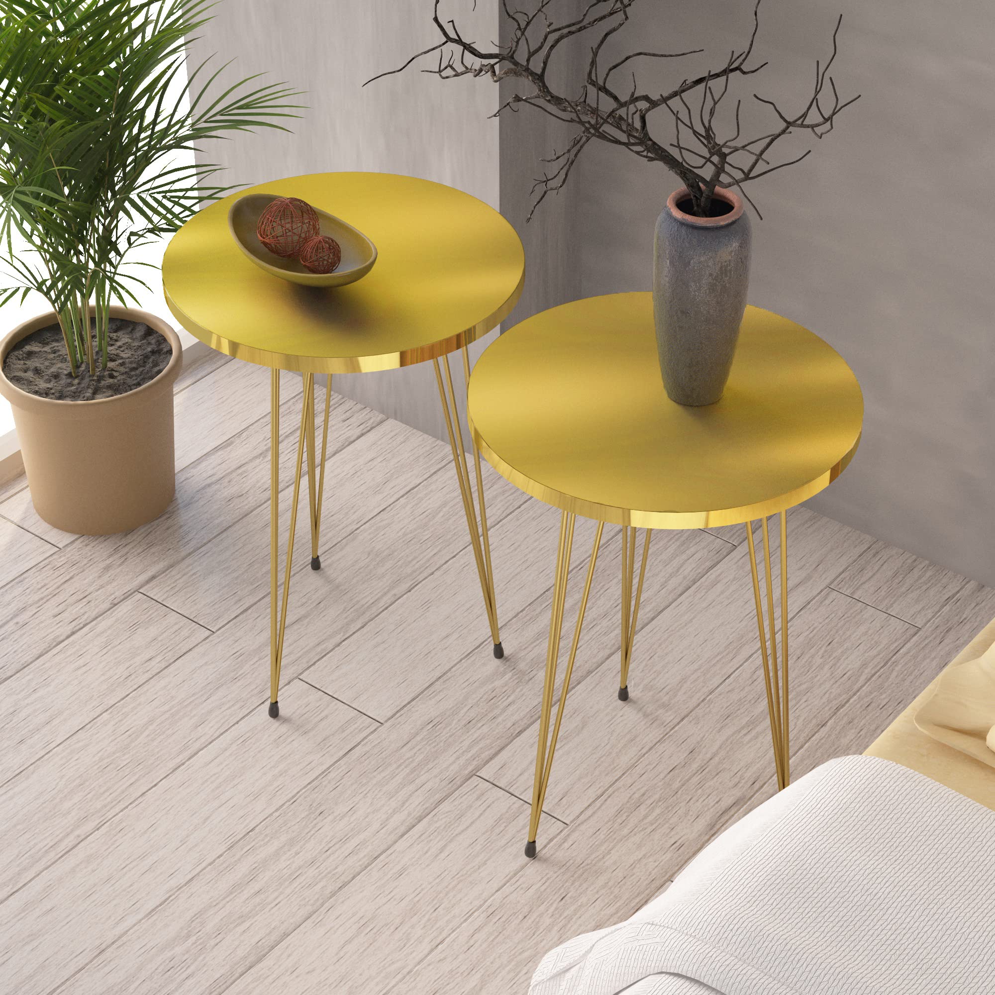 PAK HOME Set of 2 Round High Gloss Gold Side Tables - Modern Wooden Coffee Tables with Metal Legs for Living Room, Bedroom, Office - Perfect Nightstand for Small Spaces & Balcony Decor - Ideal for Reading Nook, Guest Room, or Apartment Furnishing