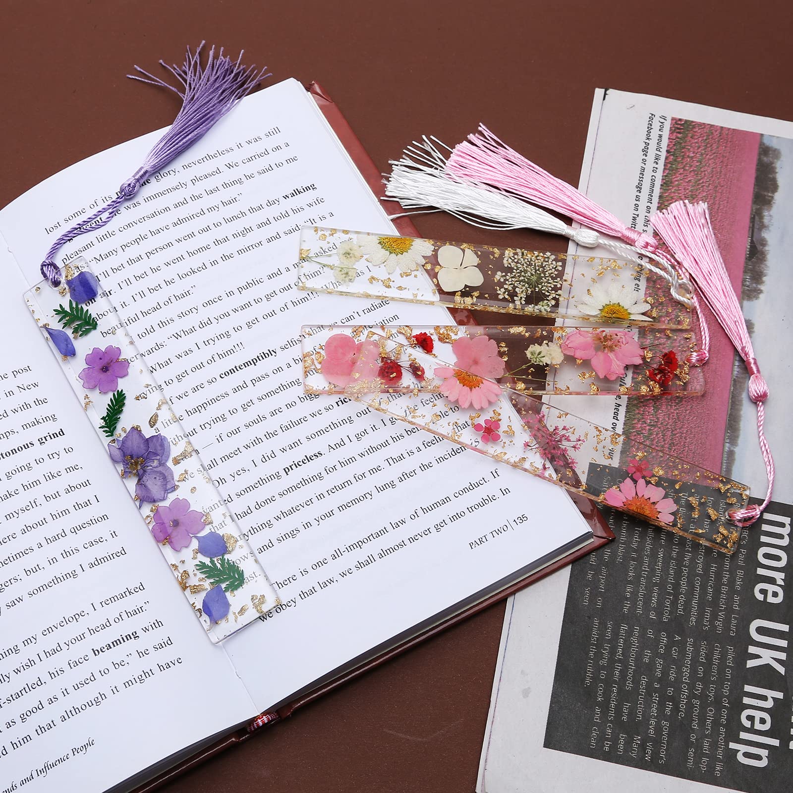 Kaluofan 2PCS Handmade Dried Flower Resin Bookmarks with Tassels - Elegant Floral Bookmark for Women, Durable Reading Accessories to Enhance Reading Interest - Perfect Gift for Book Lovers, Students & Teachers (Reading, Studying, Book Club, Gift Giving)
