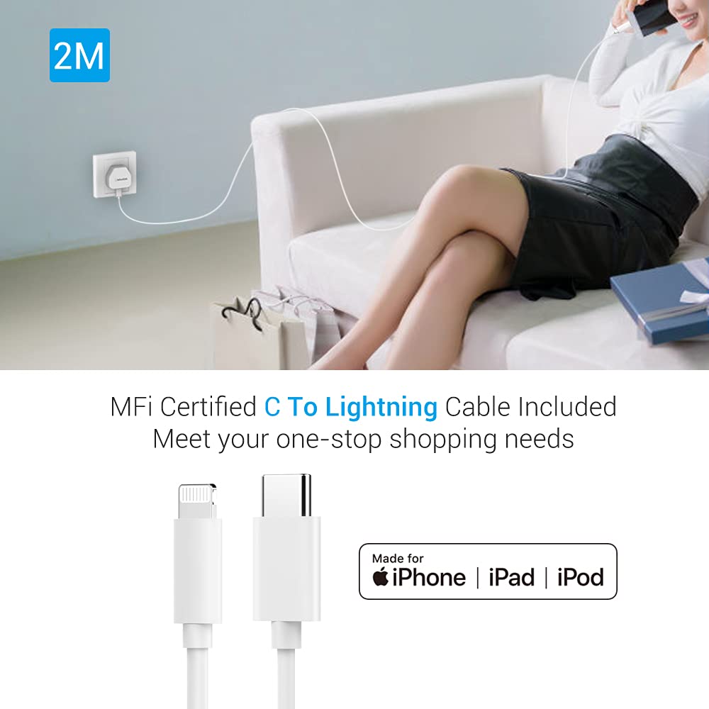 MFi Certified 20W USB C Fast Charger with 2M USB-C to Lightning Cable - PD3.0 Quick Charge Adapter for iPhone 13/12/11/XS/SE - Perfect for Home, Office & Travel Charging