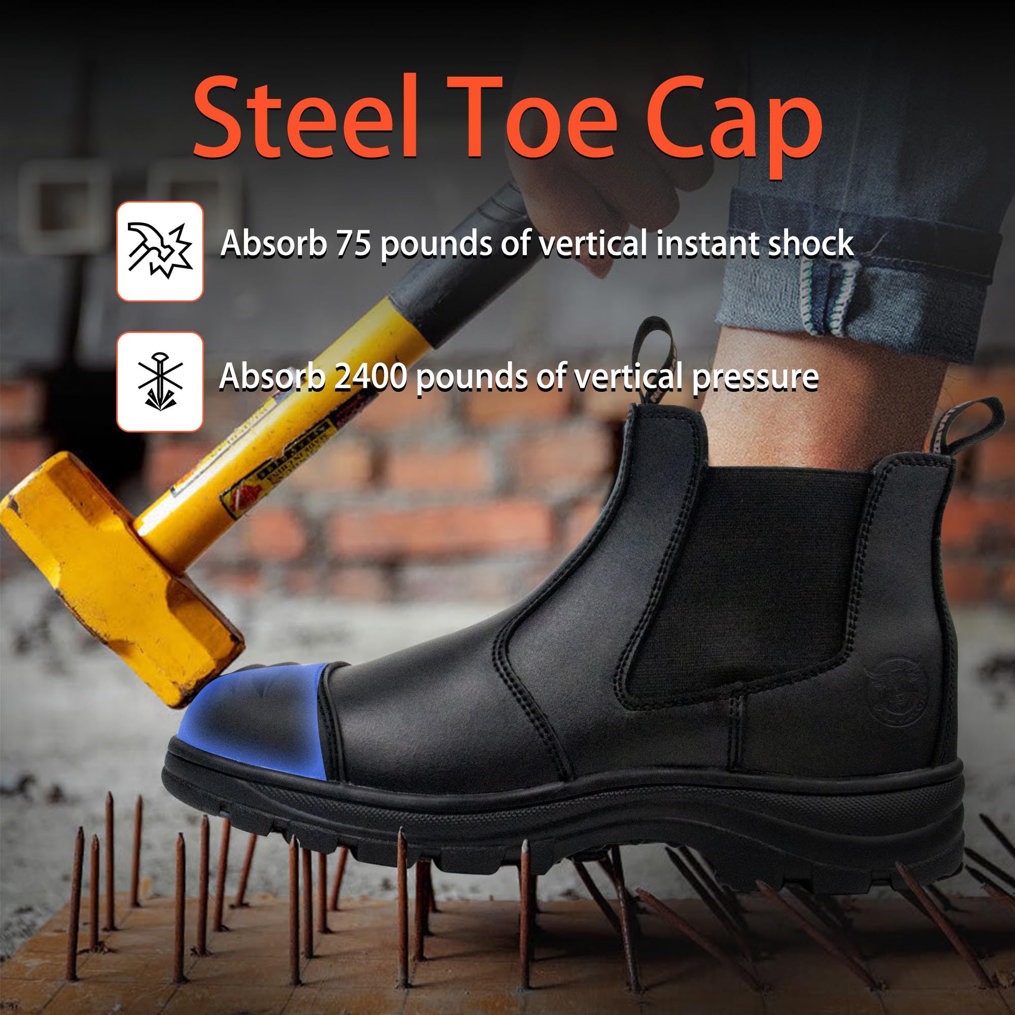 **ZERVRTON Men's Steel Toe Work Boots - Slip-On Industrial & Construction Safety Shoes - Waterproof, Non-Slip, Lightweight & Comfortable - Ideal for Construction, Warehouse & Outdoor Work**