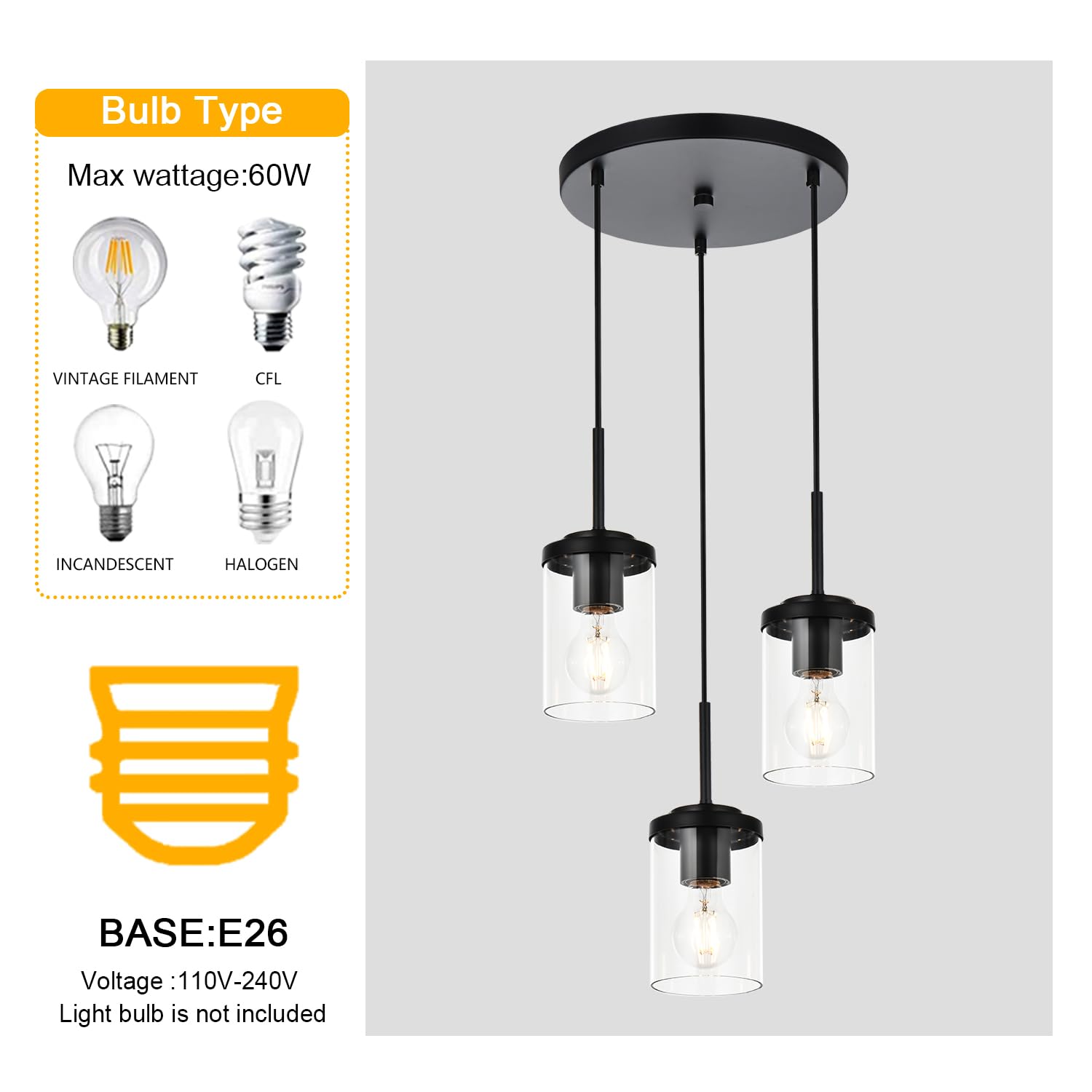BONLICHT 3-Light Matte Black Industrial Glass Chandelier - Modern Farmhouse Cluster Pendant Lighting for Kitchen Island, Dining Room, Foyer & Hallway | Durable Hanging Ceiling Fixture for Home & Restaurant Decor