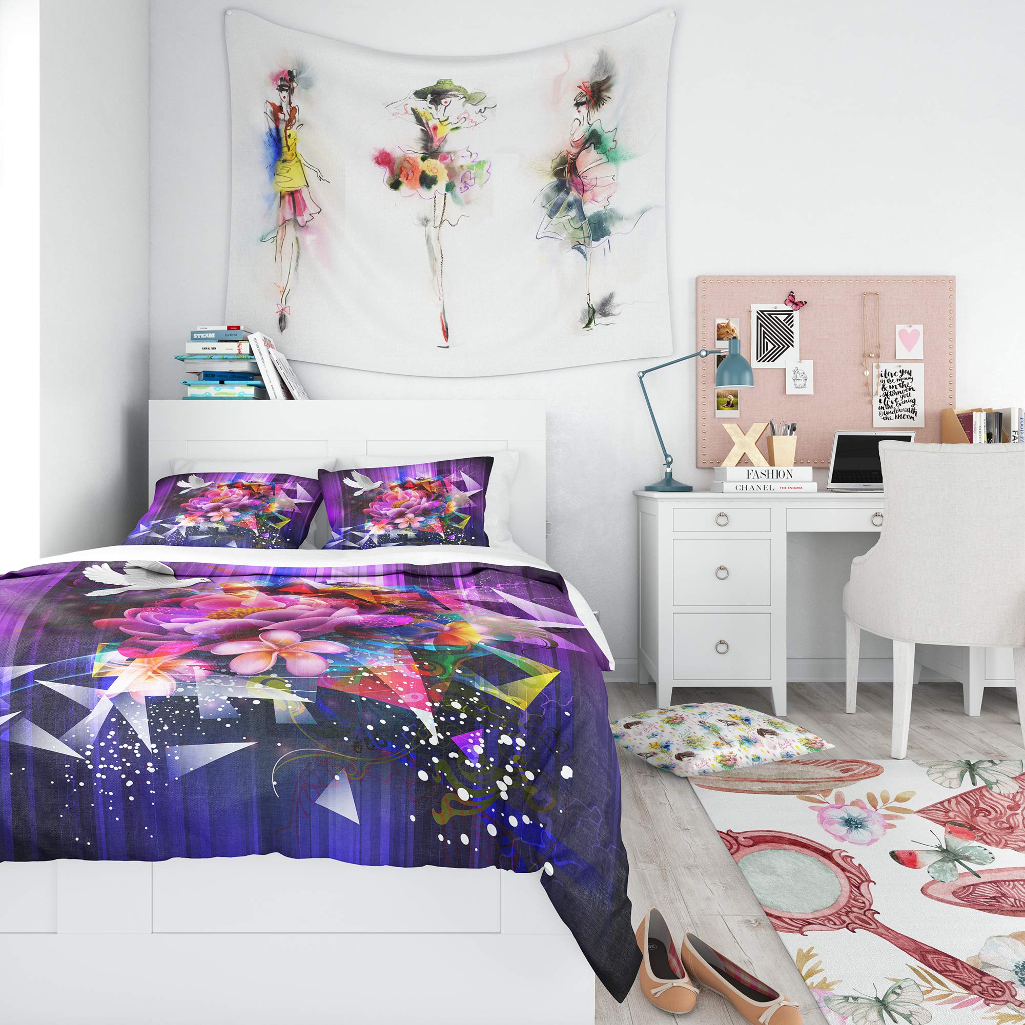 DesignQ Purple Abstract Floral Duvet Cover Set with Dove Nautical Coastal Design - Queen Size 3-Piece Bedding Set for All Seasons | Perfect for Beach House, Coastal Decor & Boho Chic Bedrooms