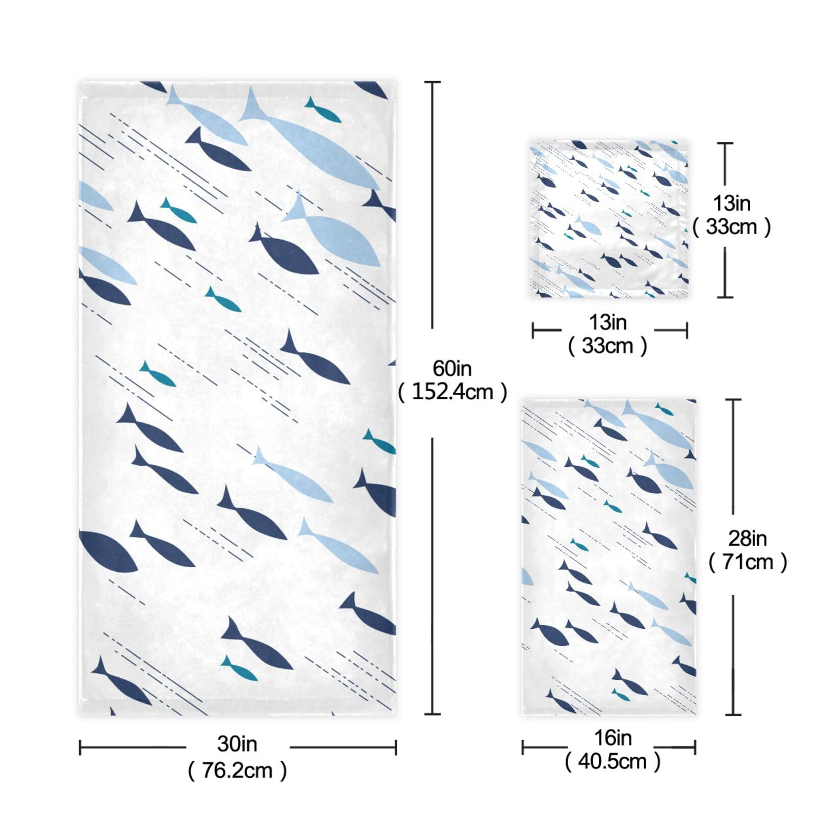 Premium 3-Piece Blue Fish Bath Towel Set - 1 Bath Towel, 1 Hand Towel, 1 Washcloth | Ultra Absorbent & Quick-Drying Soft Cotton Towels for Bathroom, Hotel, Gym, Spa, Beach & Home Use