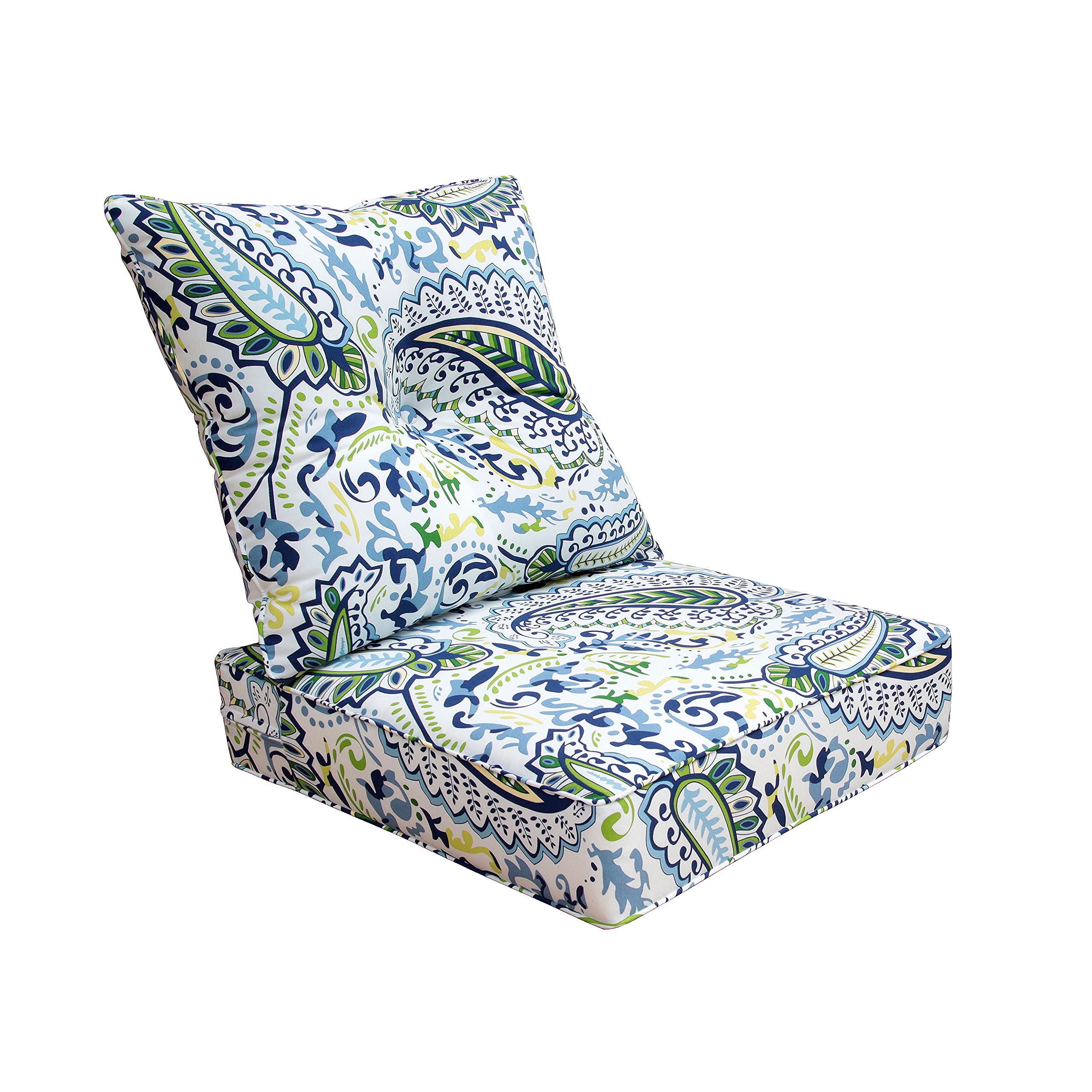 BOSSIMA Indoor Outdoor Deep Seat Chair Cushion Set - Green Blue Paisley Pattern, Spring Summer Replacement Cushions for Patio, Deck, Porch & Garden Furniture (2-Piece Set) | Water-Resistant & Comfortable Outdoor Seat Cushions