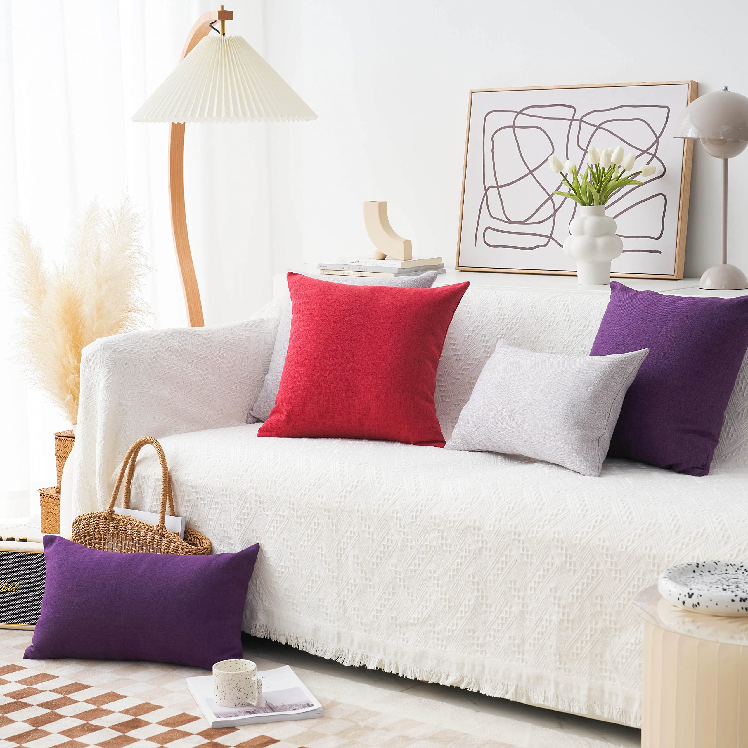 Premium Purple Burlap Linen Pillow Covers - 20x20 Inches (50x50cm) Solid European Style Throw Pillows for Sofa, Bed & Bench - Perfect for Living Room Decor, Bedroom Accents & Cozy Home Styling
