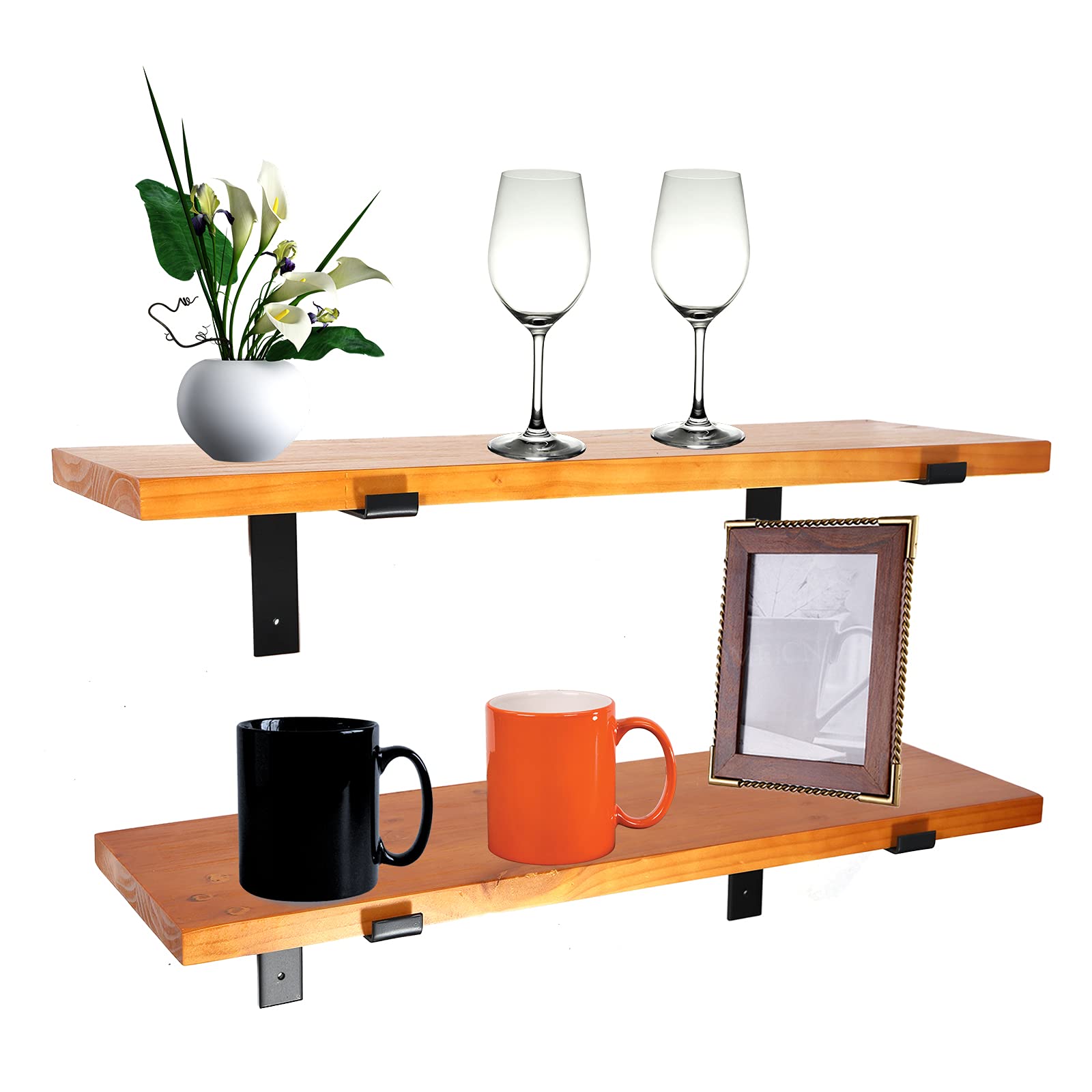 Futchoy 2/3-Tier Rustic Wood Wall Shelf with Metal Brackets - Industrial Style Heavy Duty Floating Shelves for Kitchen, Living Room & Office Decor - Perfect for Displaying Plants, Books & Home Decor