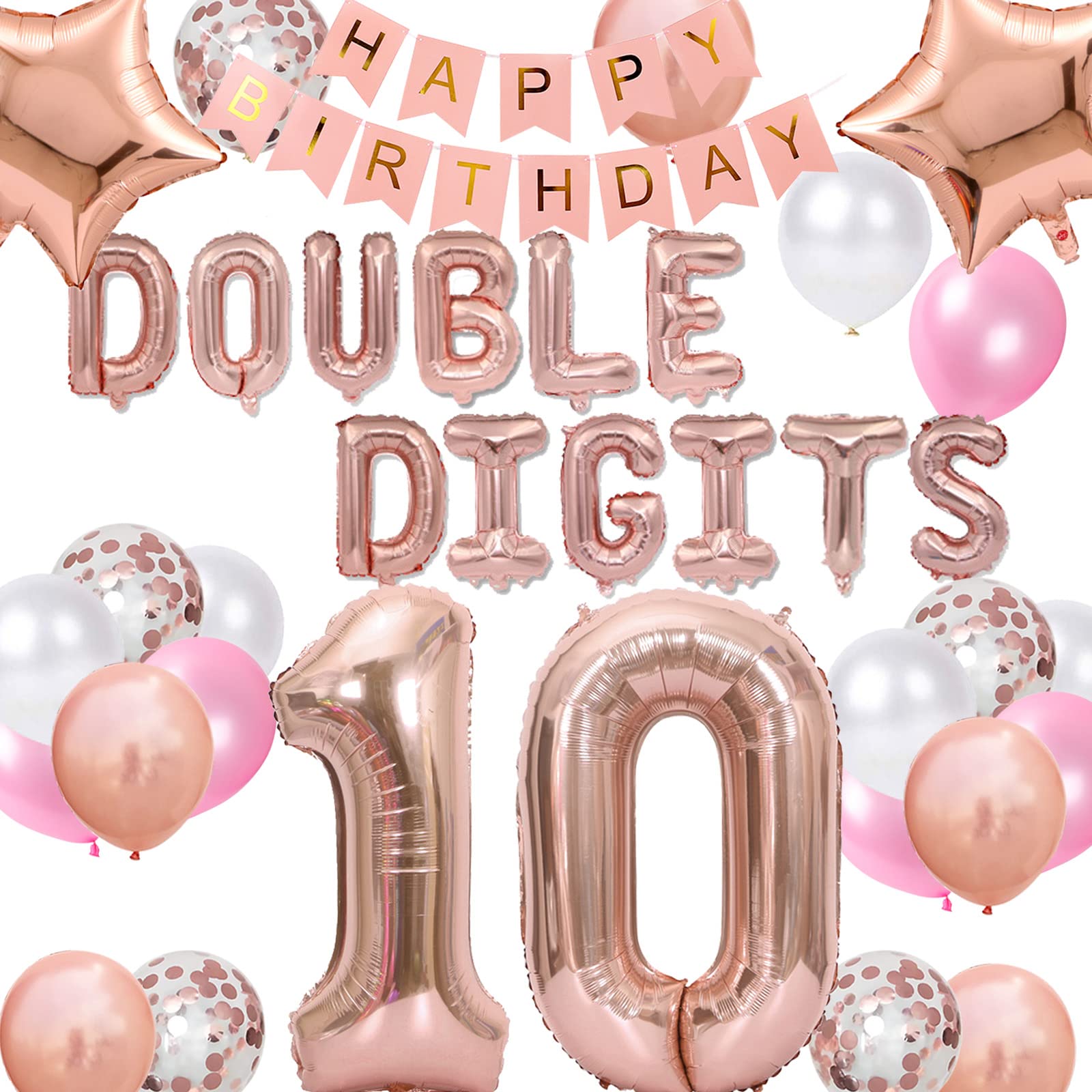 10th Birthday Decorations for Girls - Rose Gold Double Digits Banner, Foil Star Balloons & Confetti Set - Cheers to 10 Years Old Party Supplies - Perfect for Birthday Parties, Photo Backdrops & Milestone Celebrations