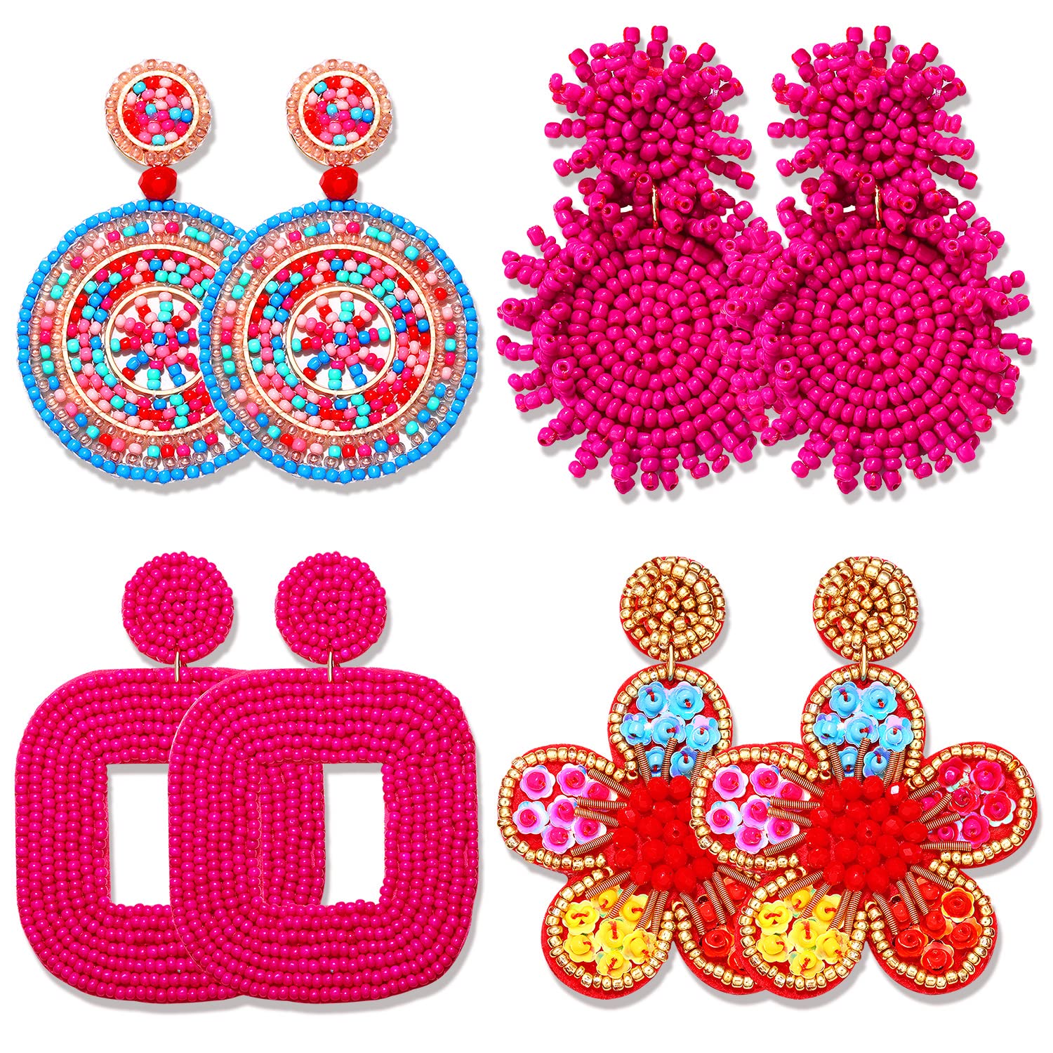 4 Pairs Bohemian Beaded Earrings for Women - Geometric Dangle Earrings with Pineapple & Flower Design, Colorful Summer Jewelry Set, Perfect Gift for Parties, Beach & Casual Wear