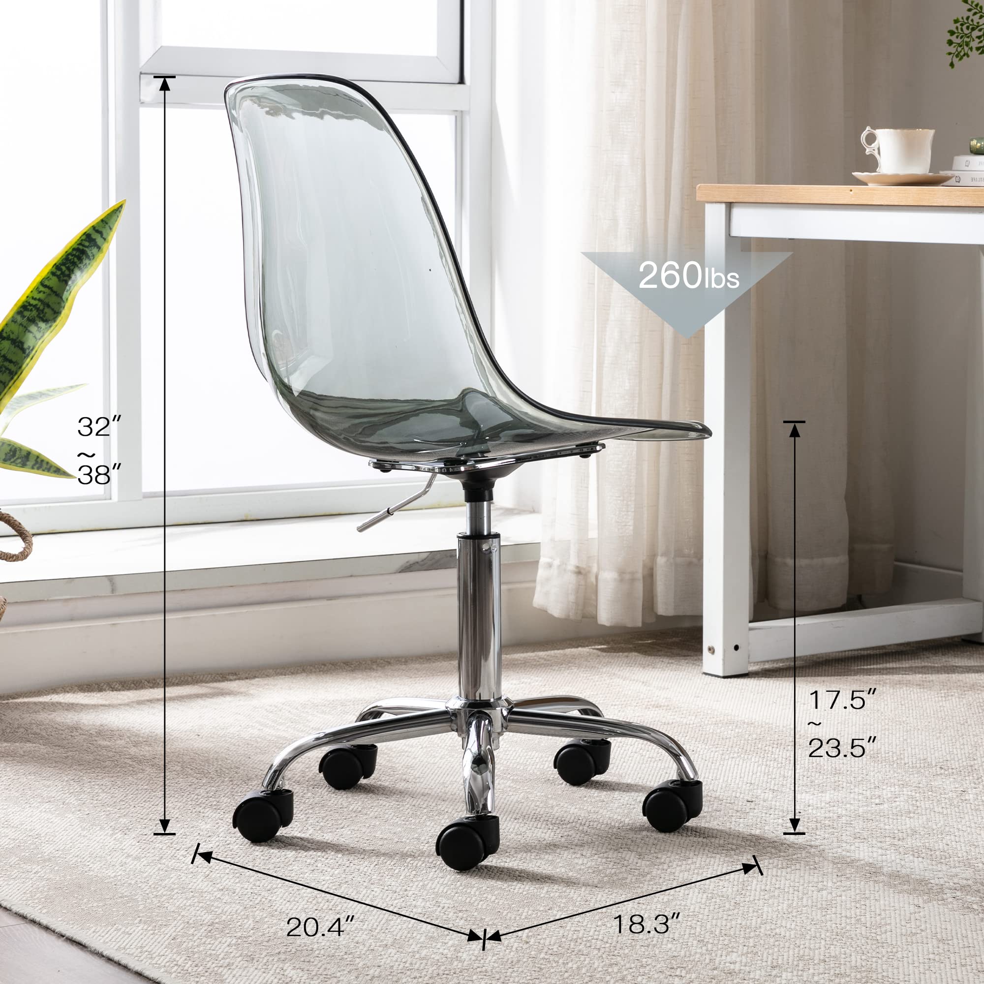 Modern Acrylic Clear Desk Chair - Adjustable Height Rolling Office Chair, Small Armless Plastic Vanity Chair for Home Office, Dorm, Study & Workspace - Black Lucite Ghost Chair with Wheels