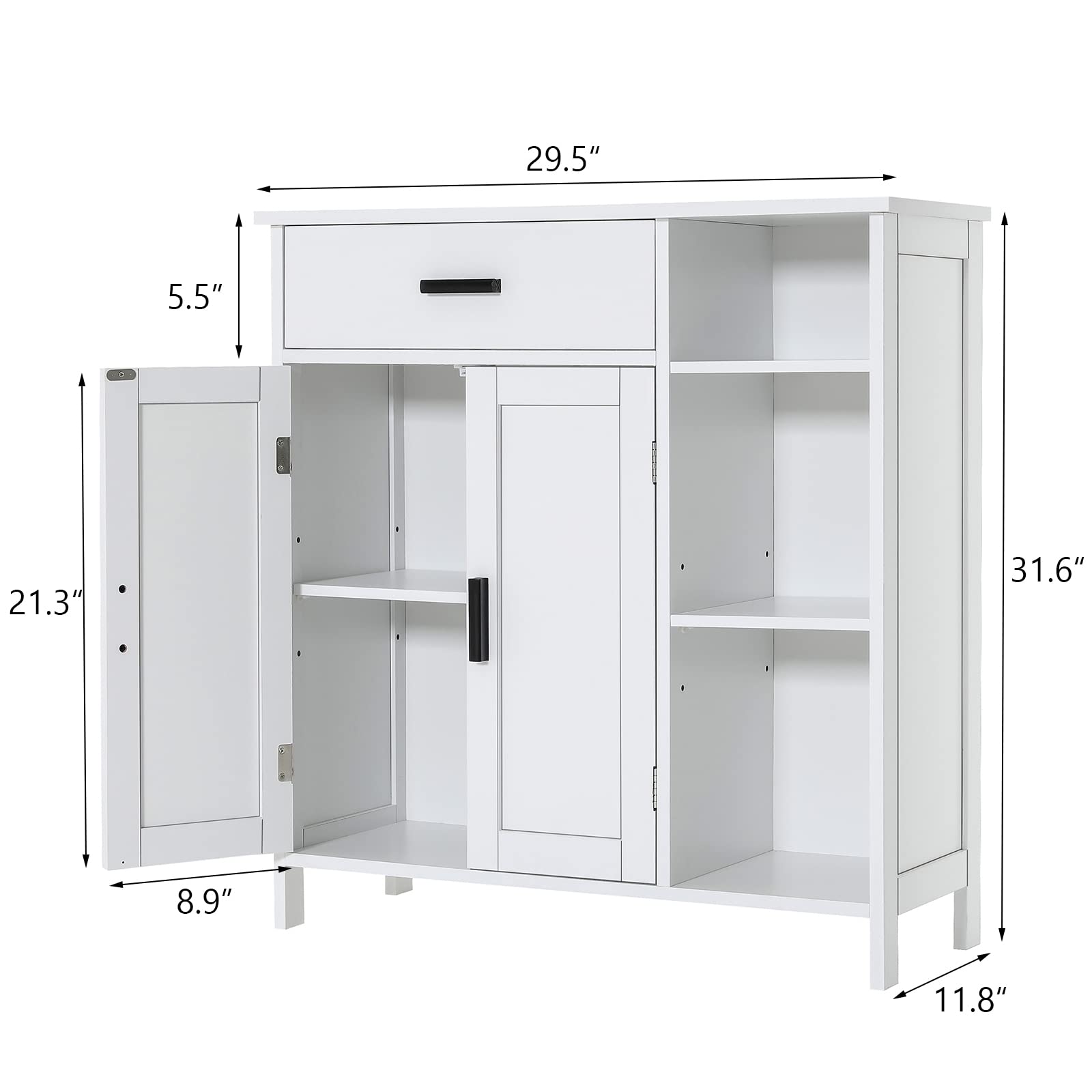 WEENFON Modern Storage Cabinet with Doors, Shelves & Drawer - White Bathroom Organizer, Kitchen Coffee Bar Cabinet, Living Room Floor Cabinet for Home Organization