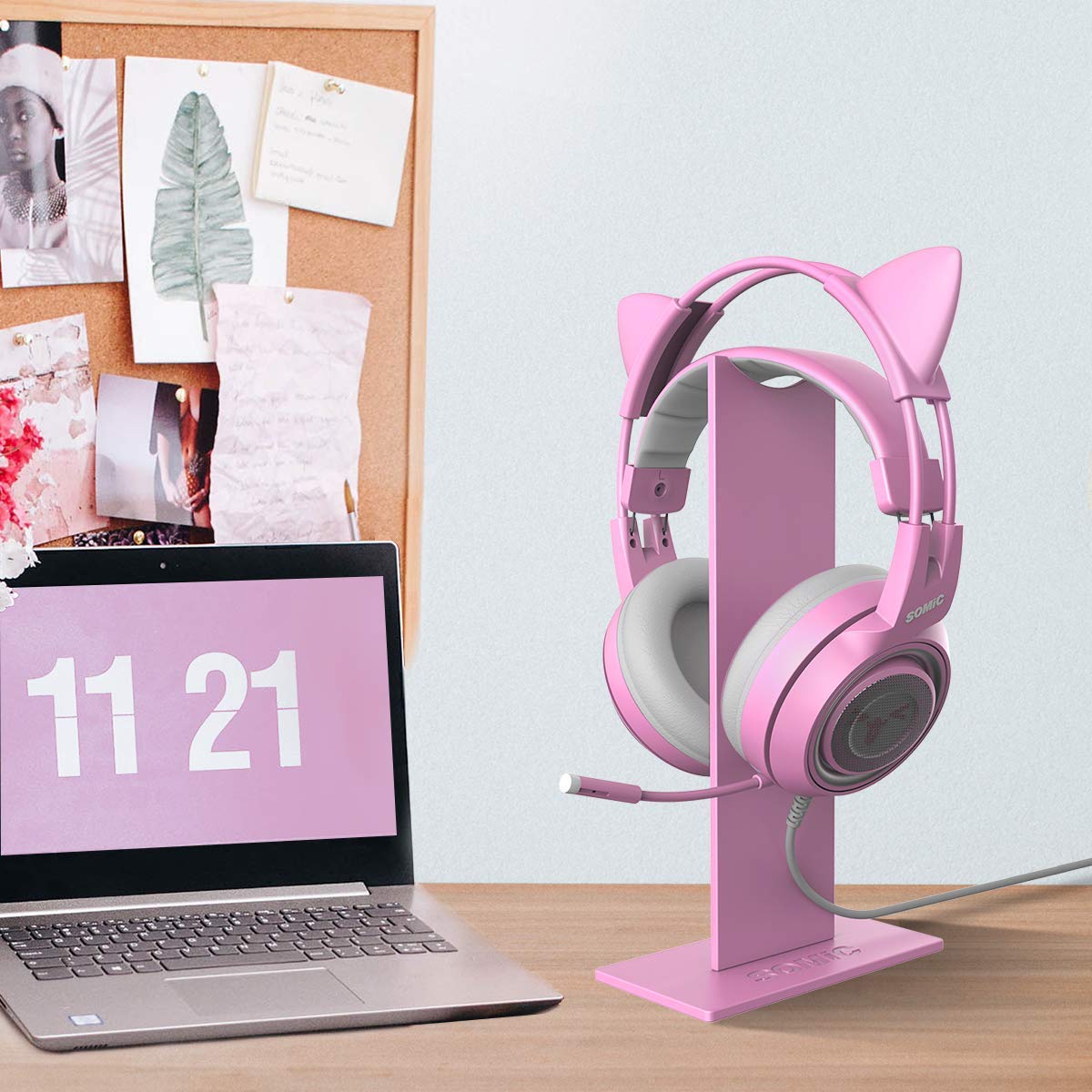 SOMIC G951S Purple Cat Ear Gaming Headset with Detachable 3.5mm Mic - Pink Headphone Stand for PS5, PS4, Xbox One, PC & Mobile - Perfect for Live Streaming, Esports & Late-Night Gaming Sessions
