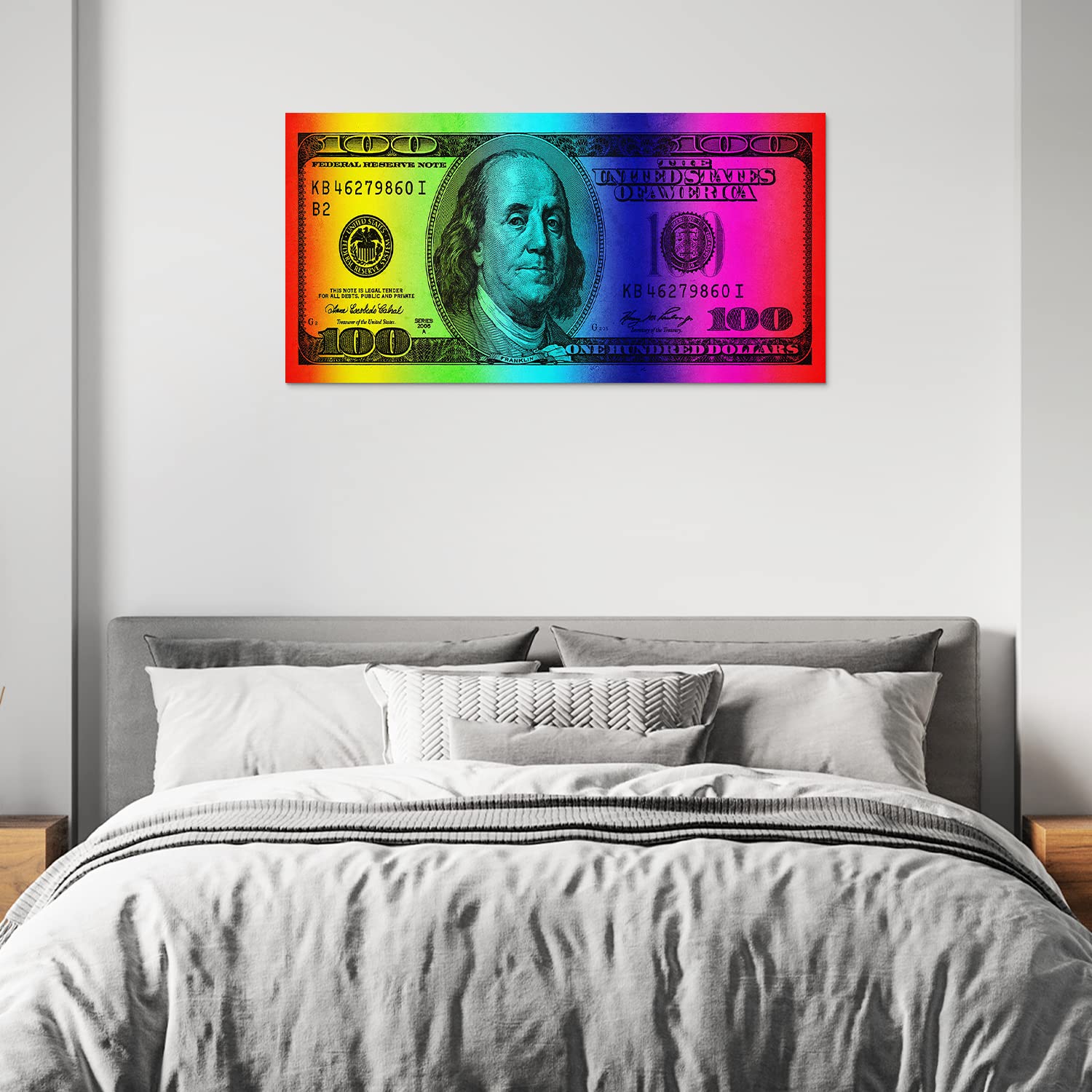 GUBIYU 100 Dollar Bill Wall Art - Rainbow Framed Canvas Print (24
